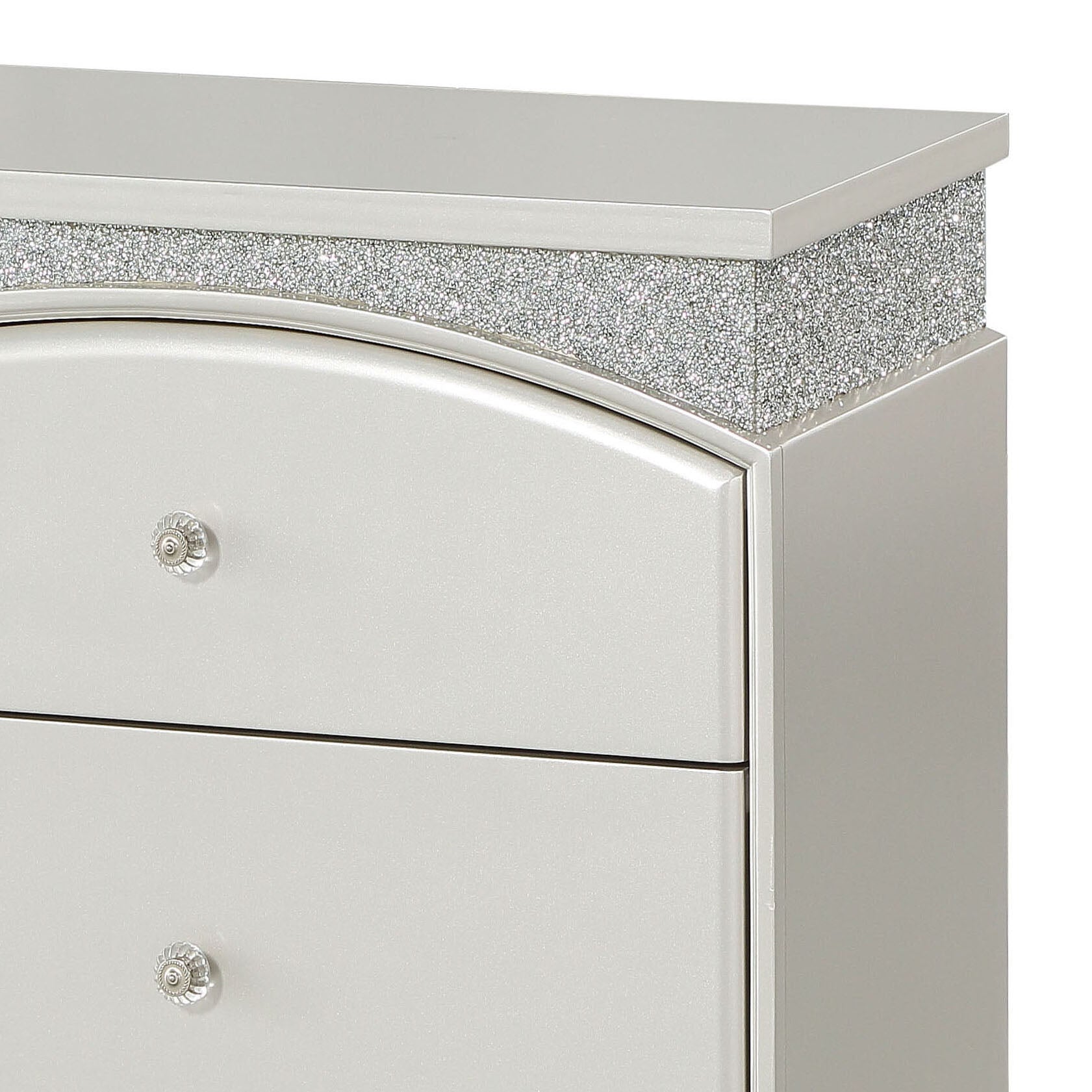 Silver dresser with crystal knobs and a glittering crystal trim accent