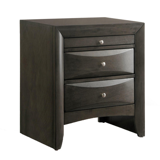 Dark gray wood nightstand with three drawers and silver knobs