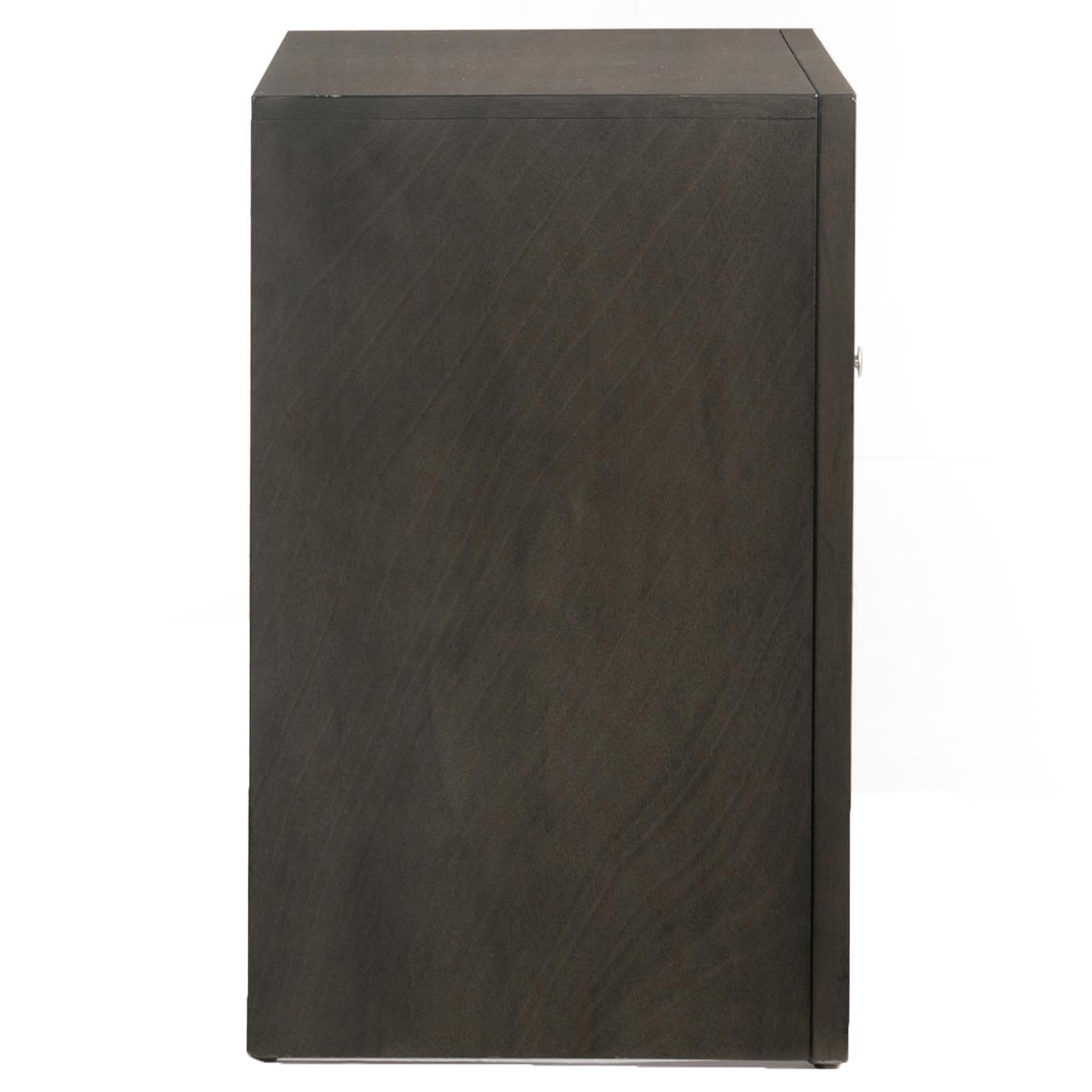 Dark wood cabinet side view with subtle grain detail and silver knob Modern storage solution