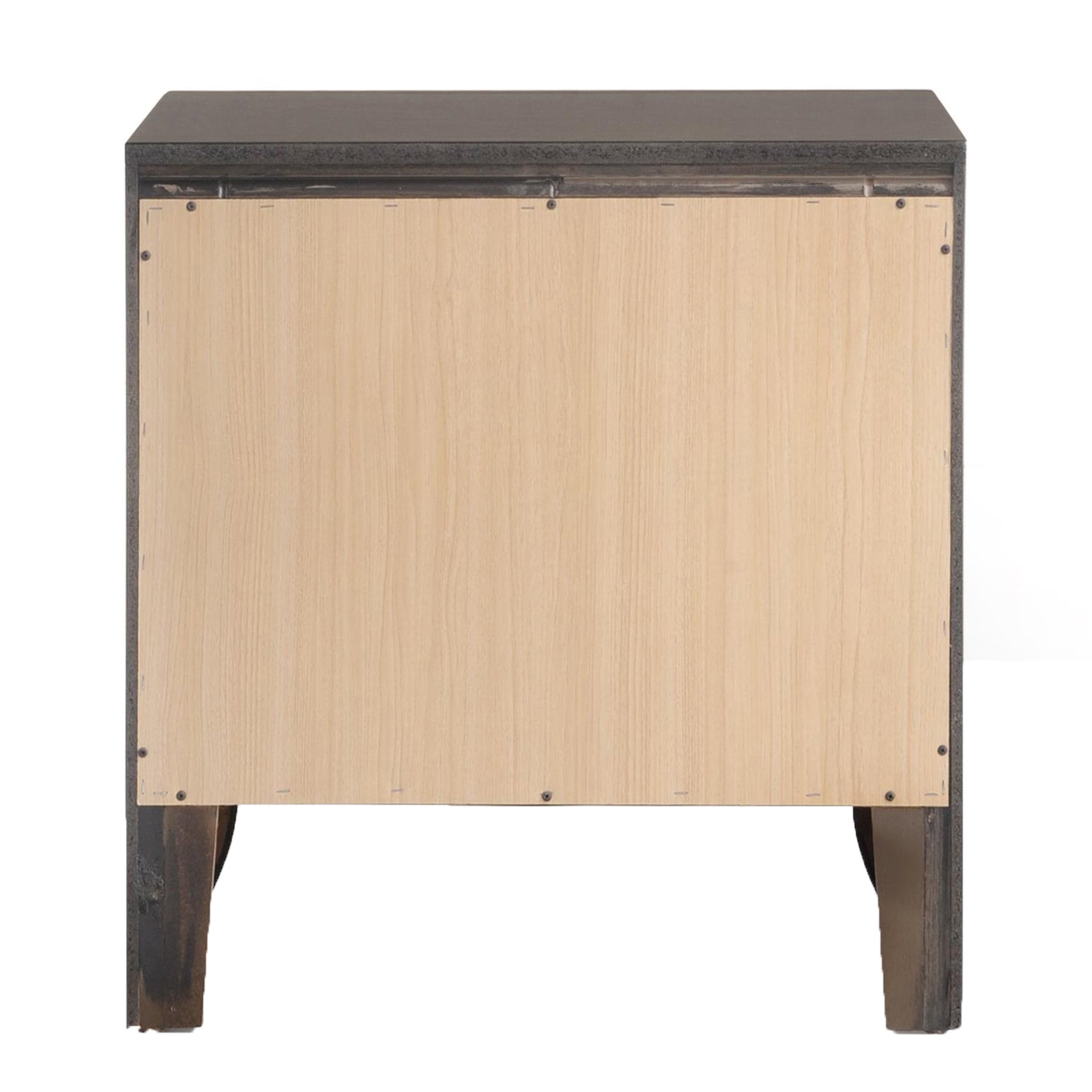 Back view of a dark grey laminate nightstand with a light wood panel and visible screws