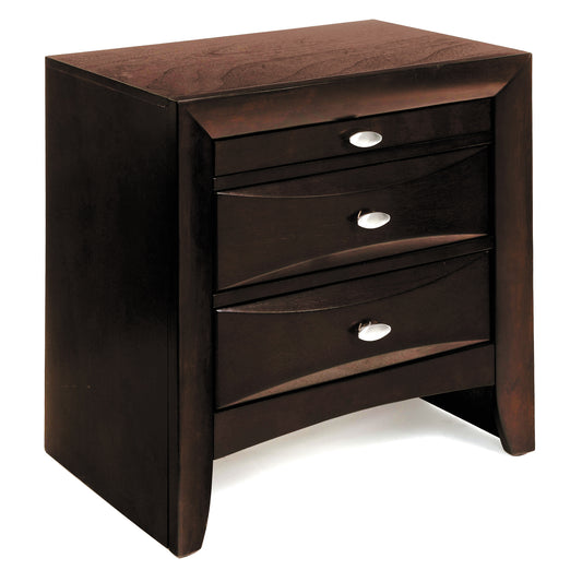 Dark brown wood nightstand with three curved drawers and silver hardware  characters