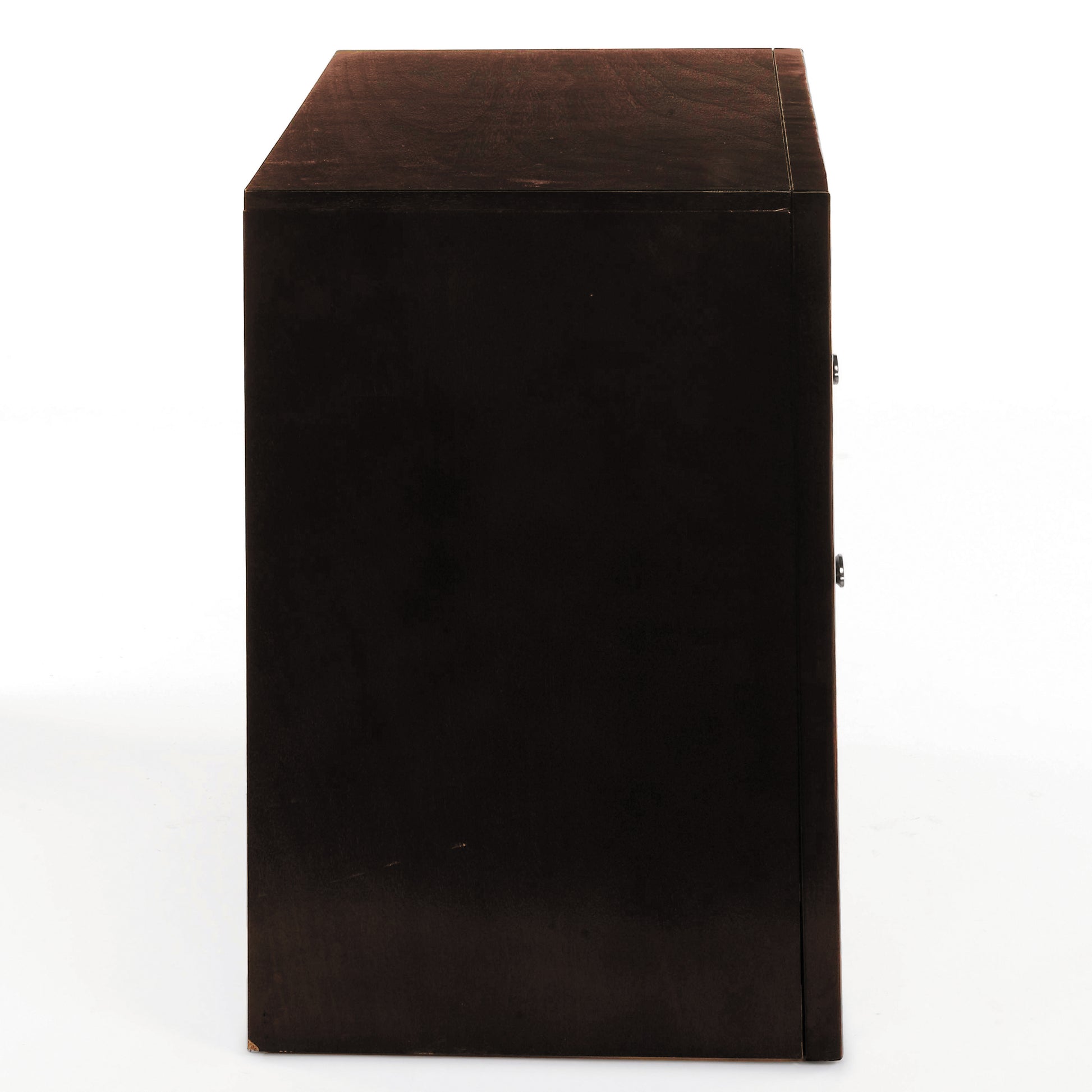 Dark brown wooden bedside table with brushed nickel hardware minimalist design