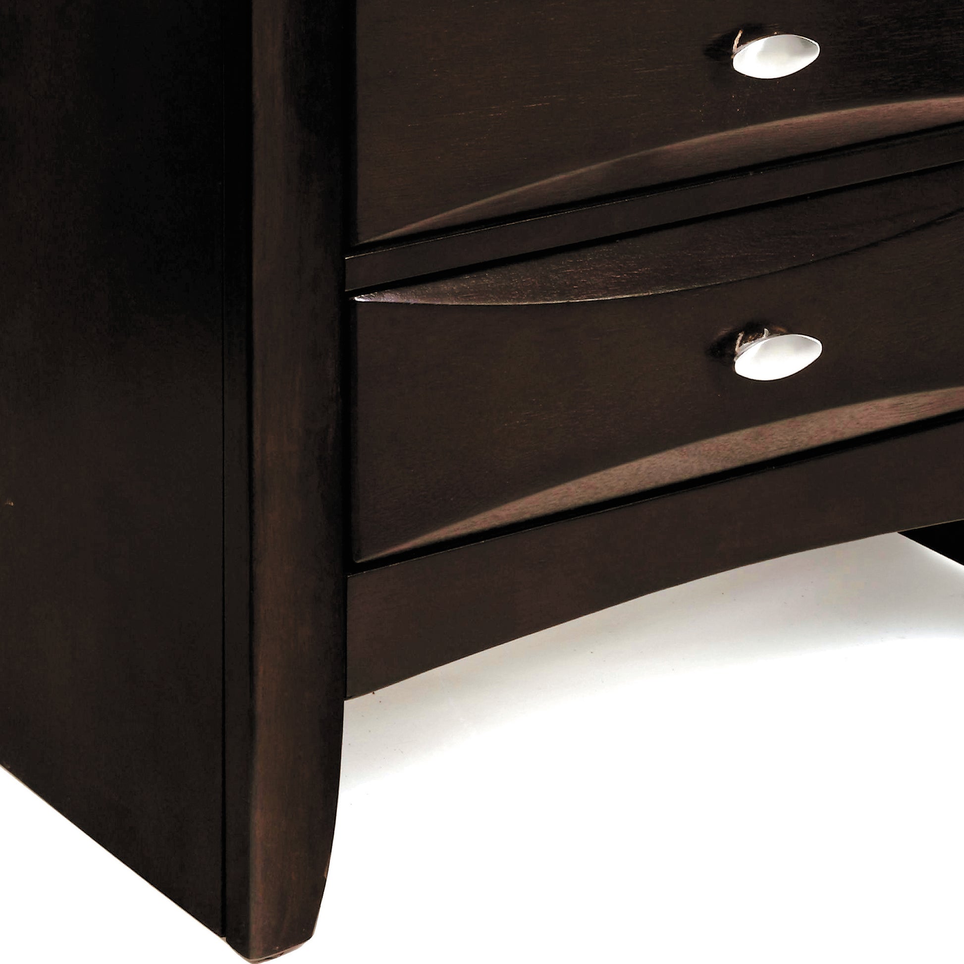 Dark espresso wood bedside table with two curved drawers and silver knobs