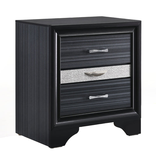 Sleek black drawer nightstand with textured drawer fronts and crystallike pulls