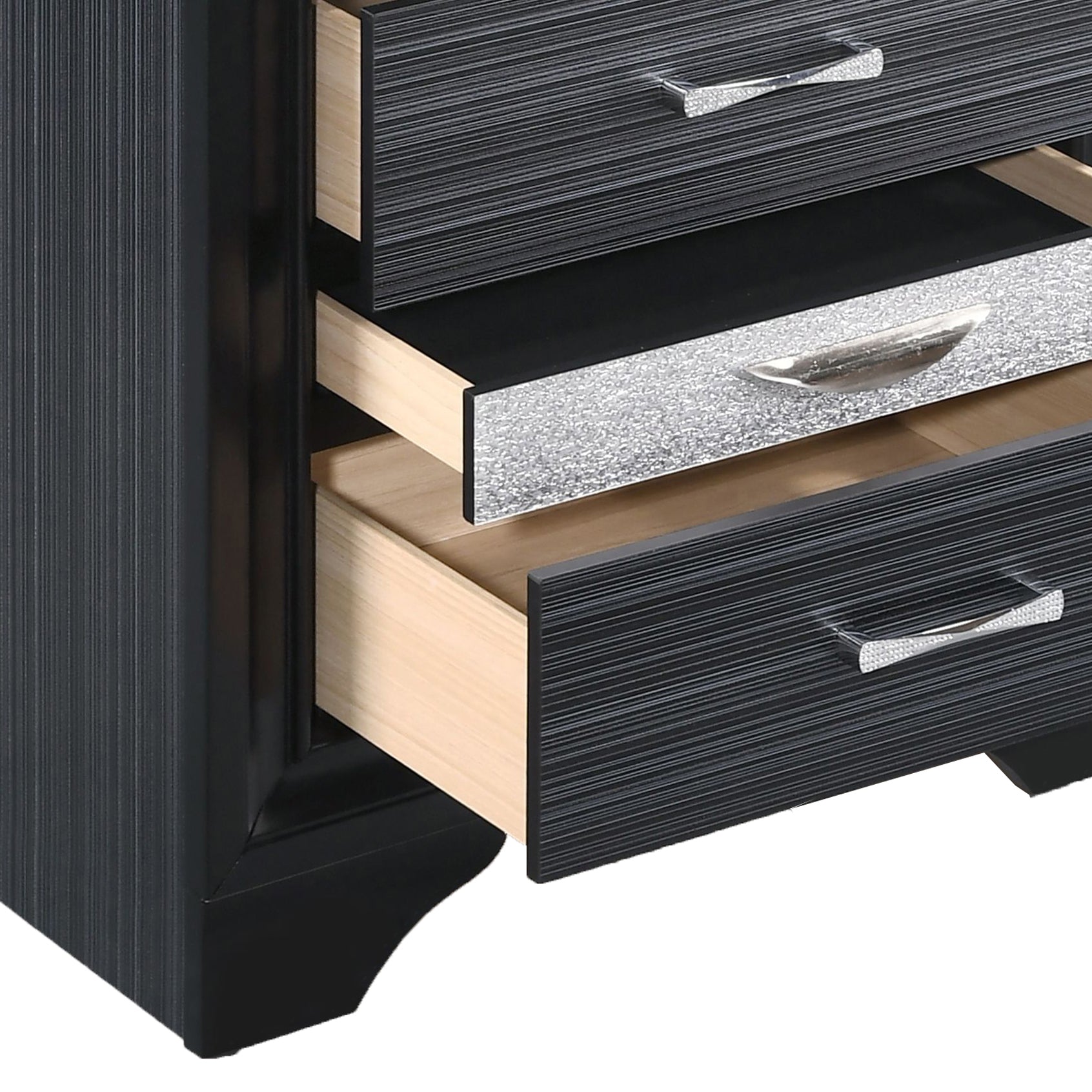 Black textured nightstand with three drawers featuring silver crystalembellished pulls