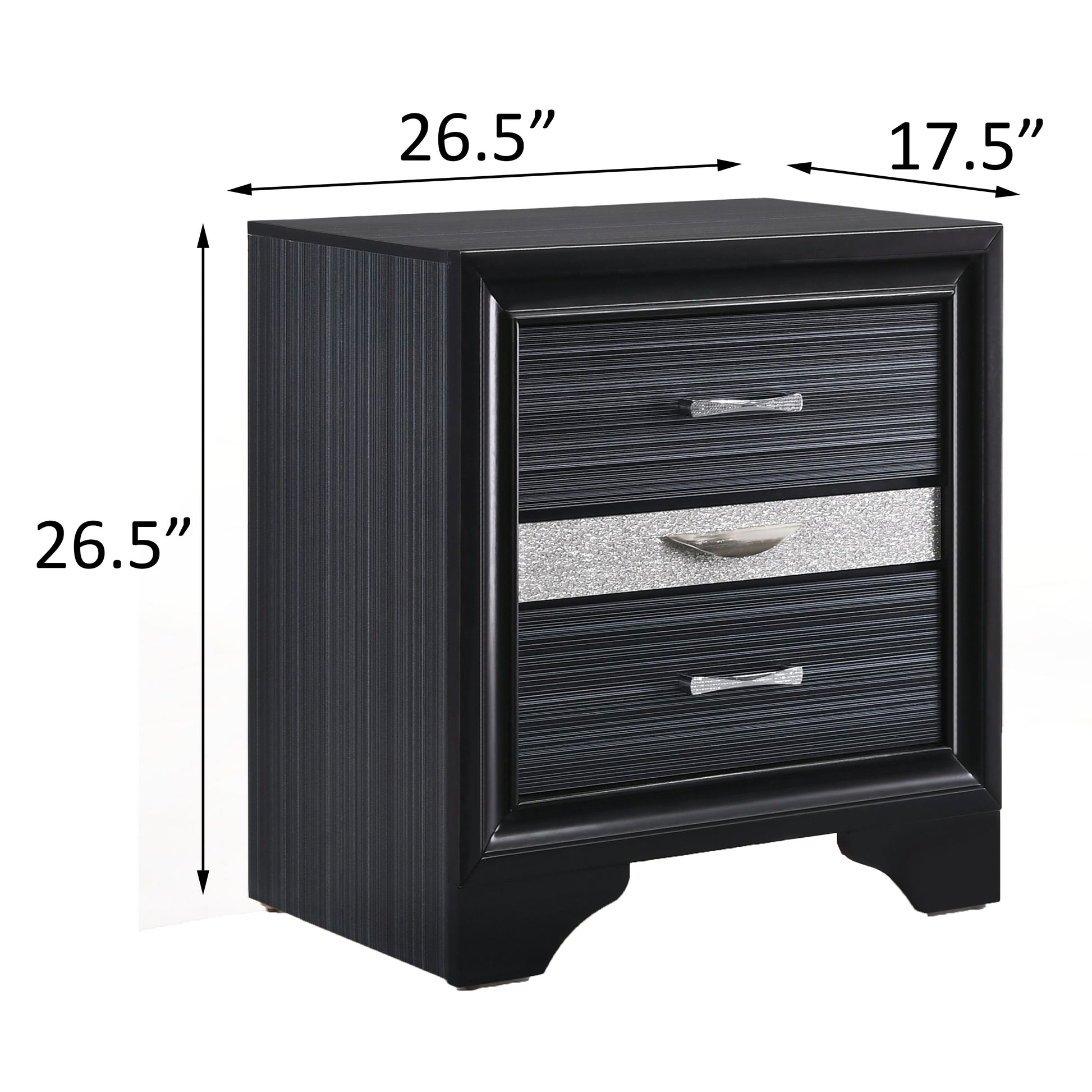 Sleek black nightstand with three drawers featuring silver crystal accents and ribbed drawer fronts