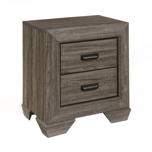 Modern gray wood nightstand with two drawers and black handles for bedroom storage