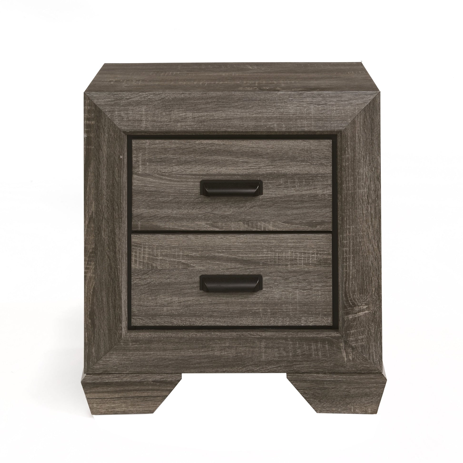 Twodrawer grey wash wood nightstand with black pull handles and a modern geometric frame