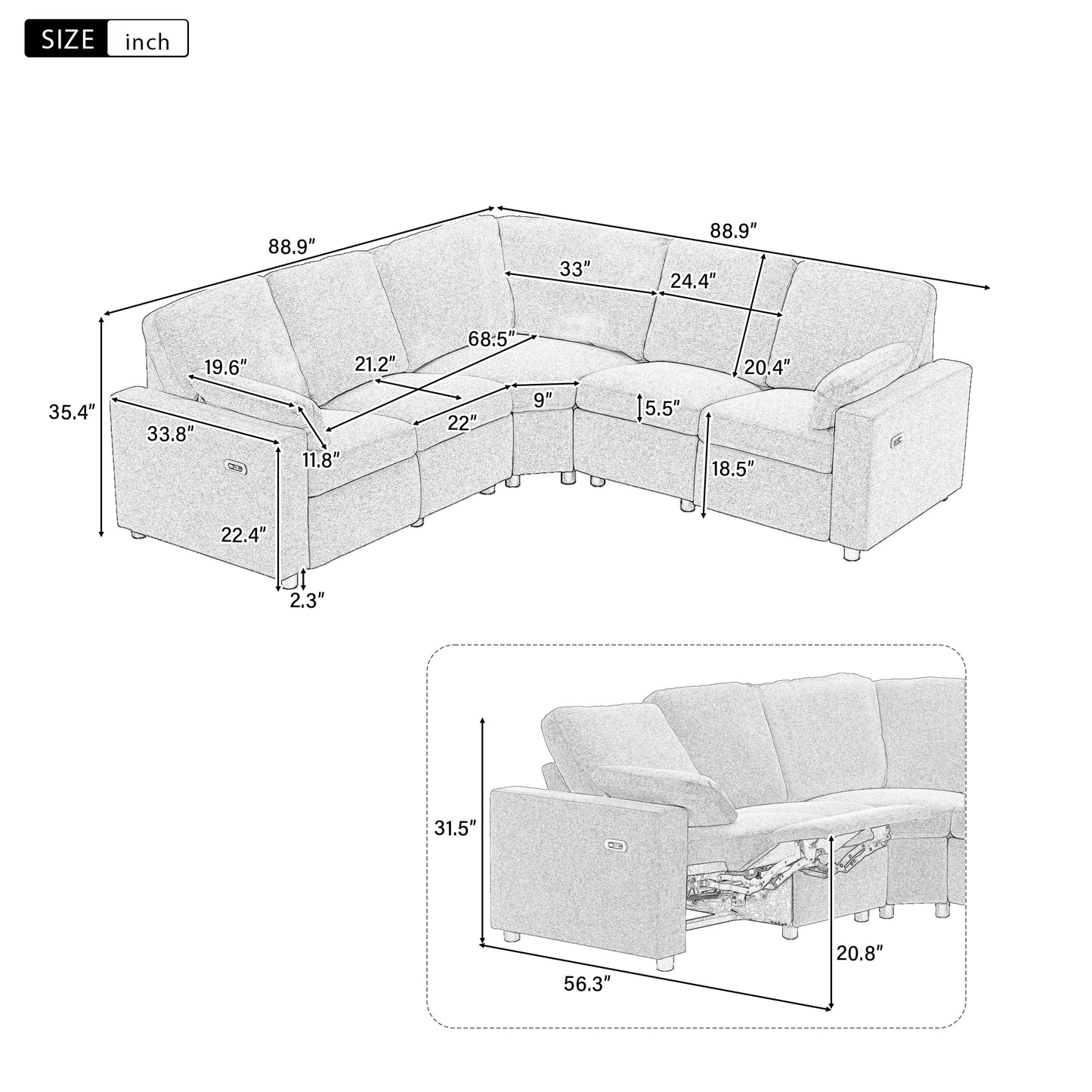 Gray sectional sofa with recliner  wide  height showcasing detailed dimensions