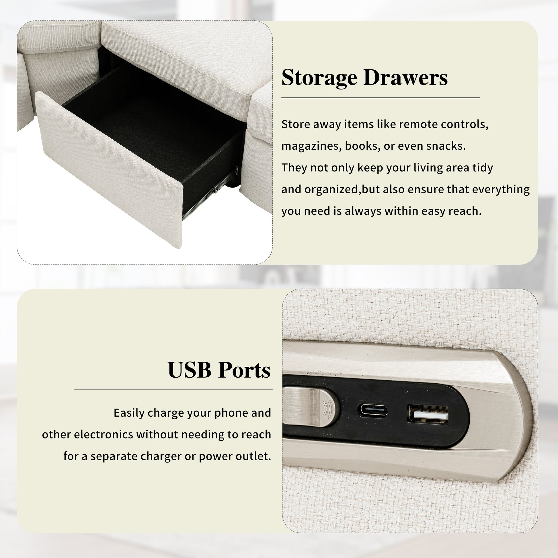 Beige linen sofa with a hidden storage drawer pulled open