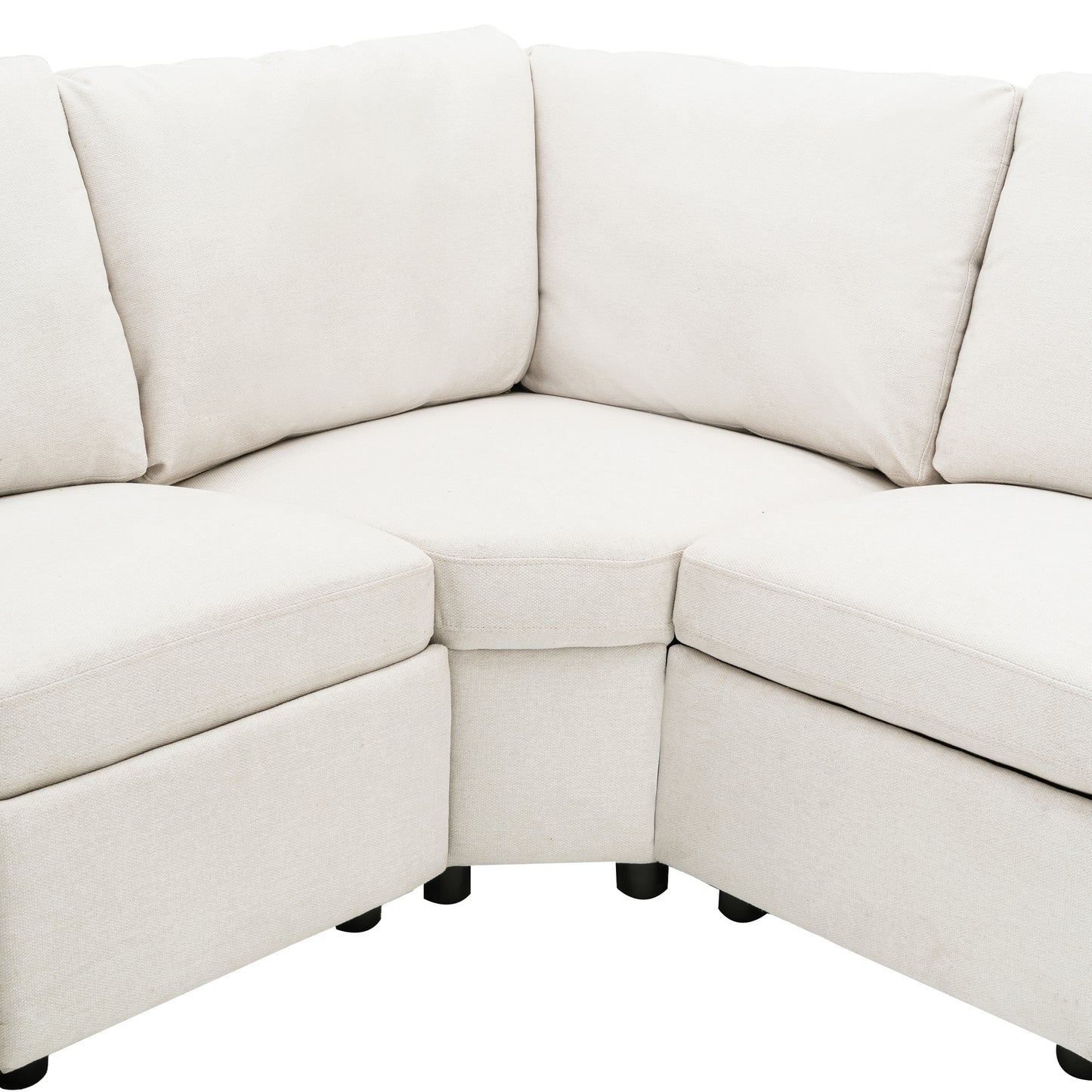 Cream fabric sectional sofa with plush cushions and dark wood legs