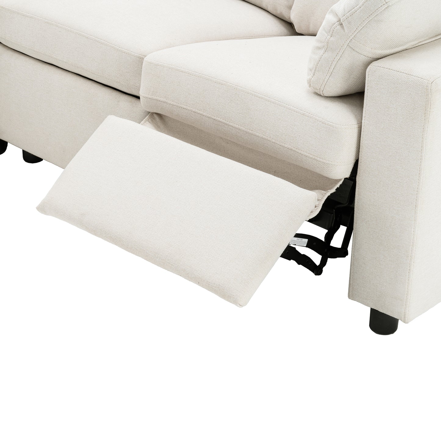 Cream fabric recliner sofa with extended footrest and visible mechanism