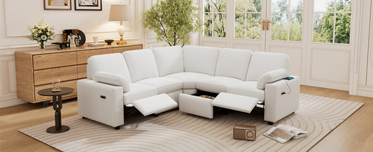 White leather sectional recliner sofa with builtin USB charging port and storage