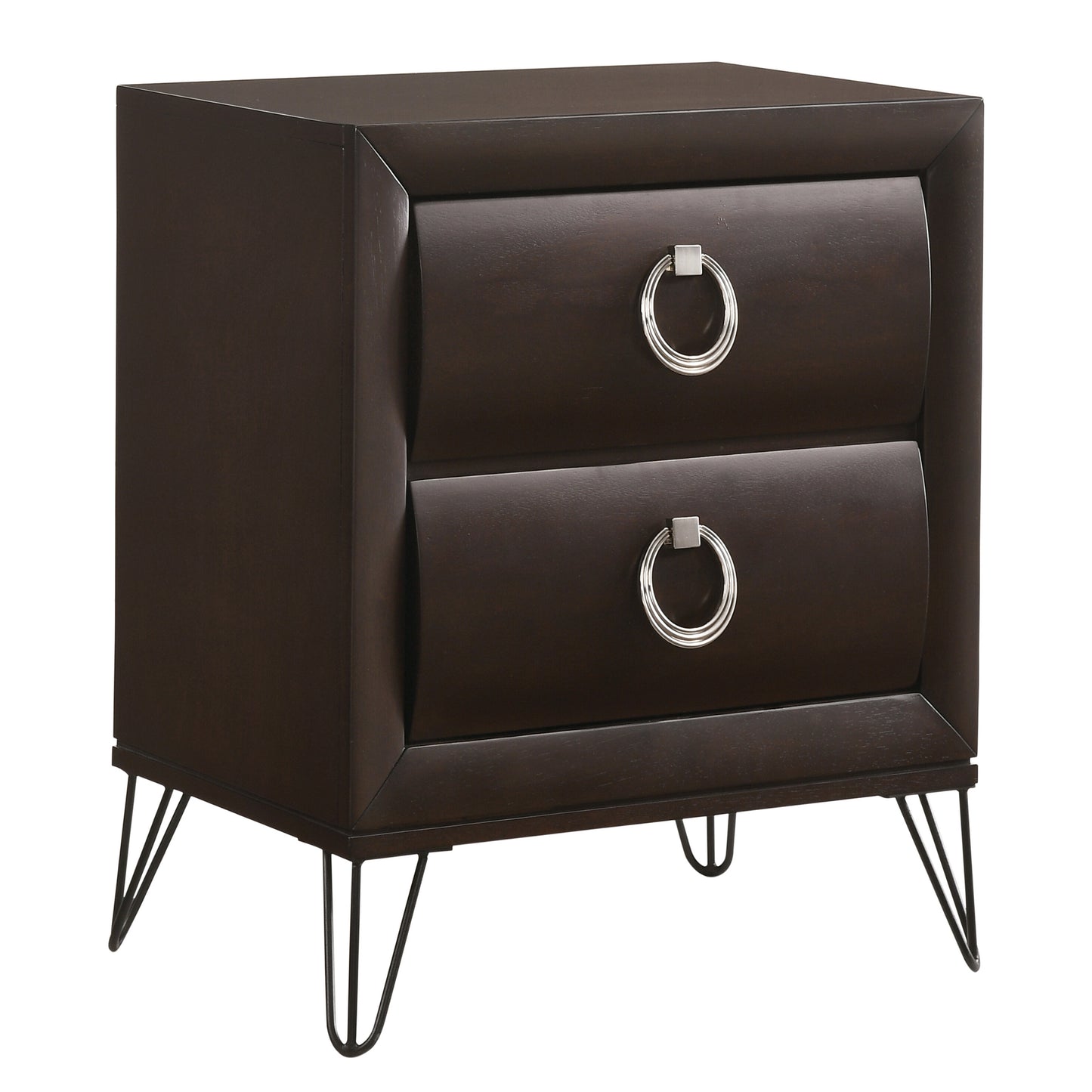 Dark brown twodrawer nightstand with brushed nickel ring pulls and tapered metal legs