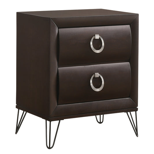 Dark brown twodrawer nightstand with brushed nickel ring pulls and tapered metal legs
