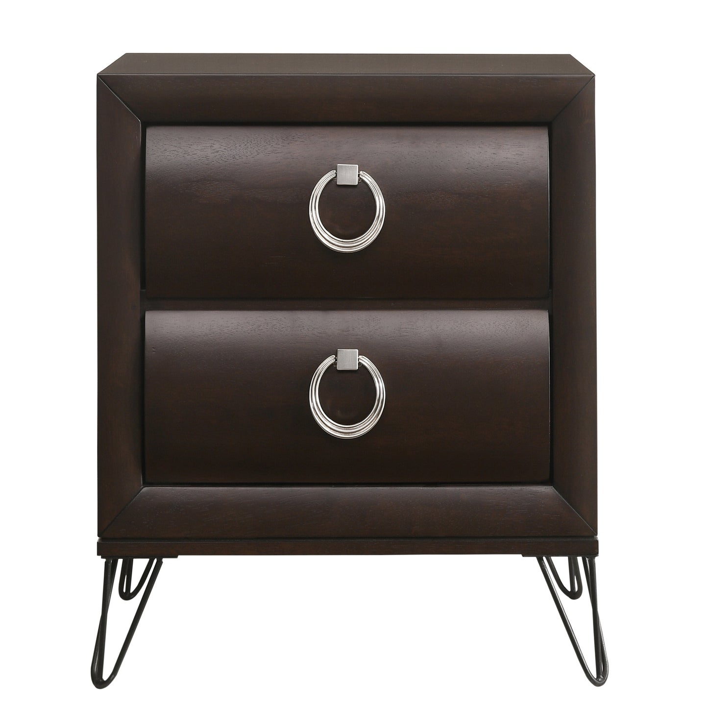 Dark wood nightstand with two drawers and silver ring pulls features modern hairpin legs