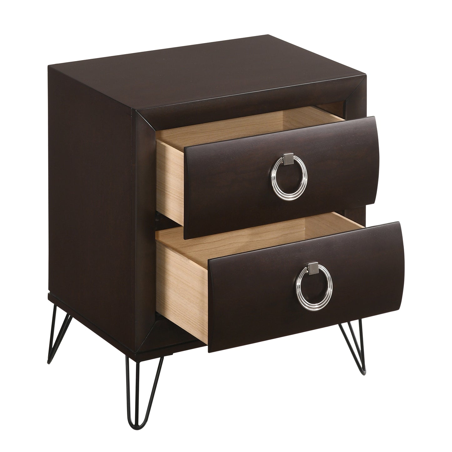 Dark wood modern nightstand with two open drawers and silver ring pulls on hairpin legs