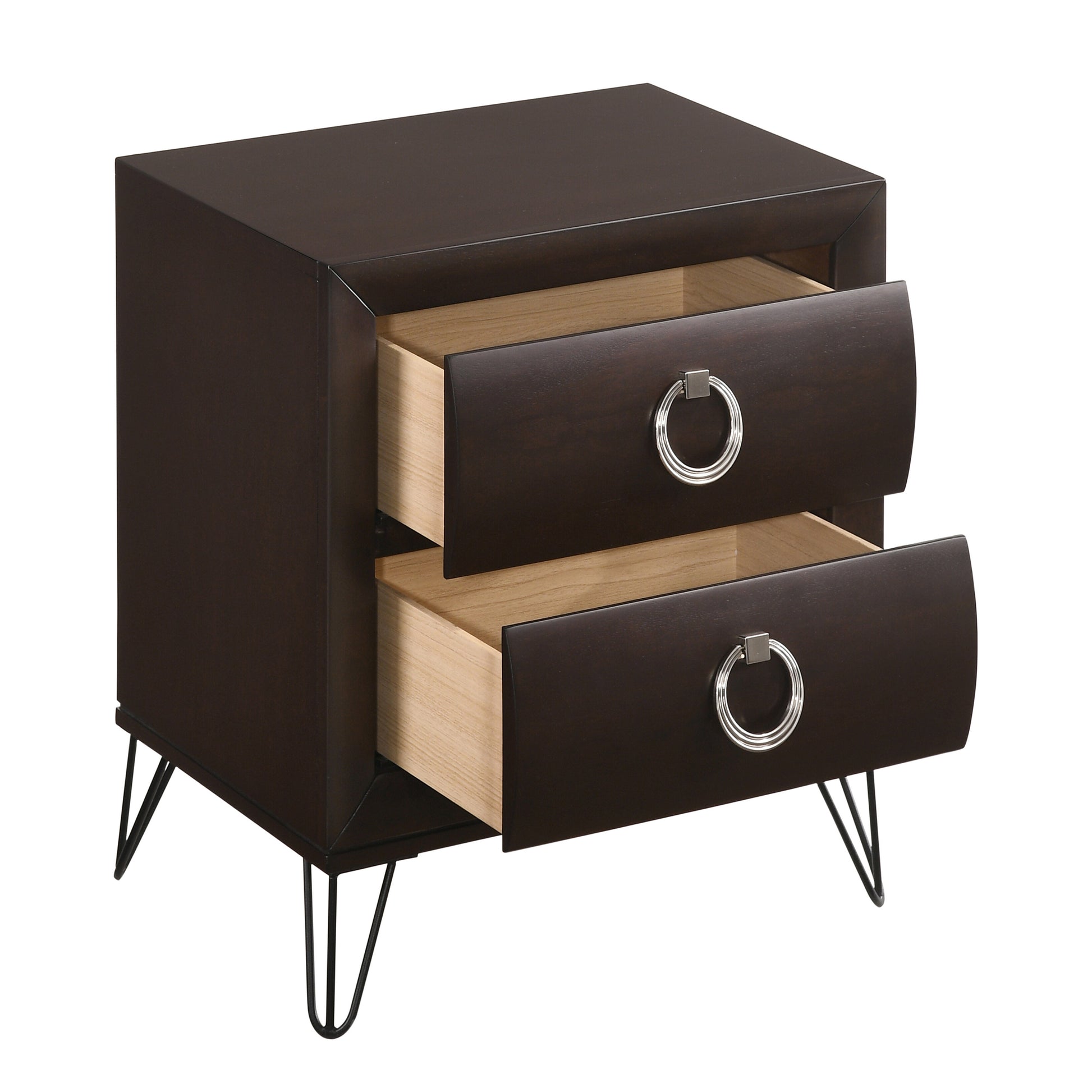Dark wood modern nightstand with two open drawers and silver ring pulls on hairpin legs