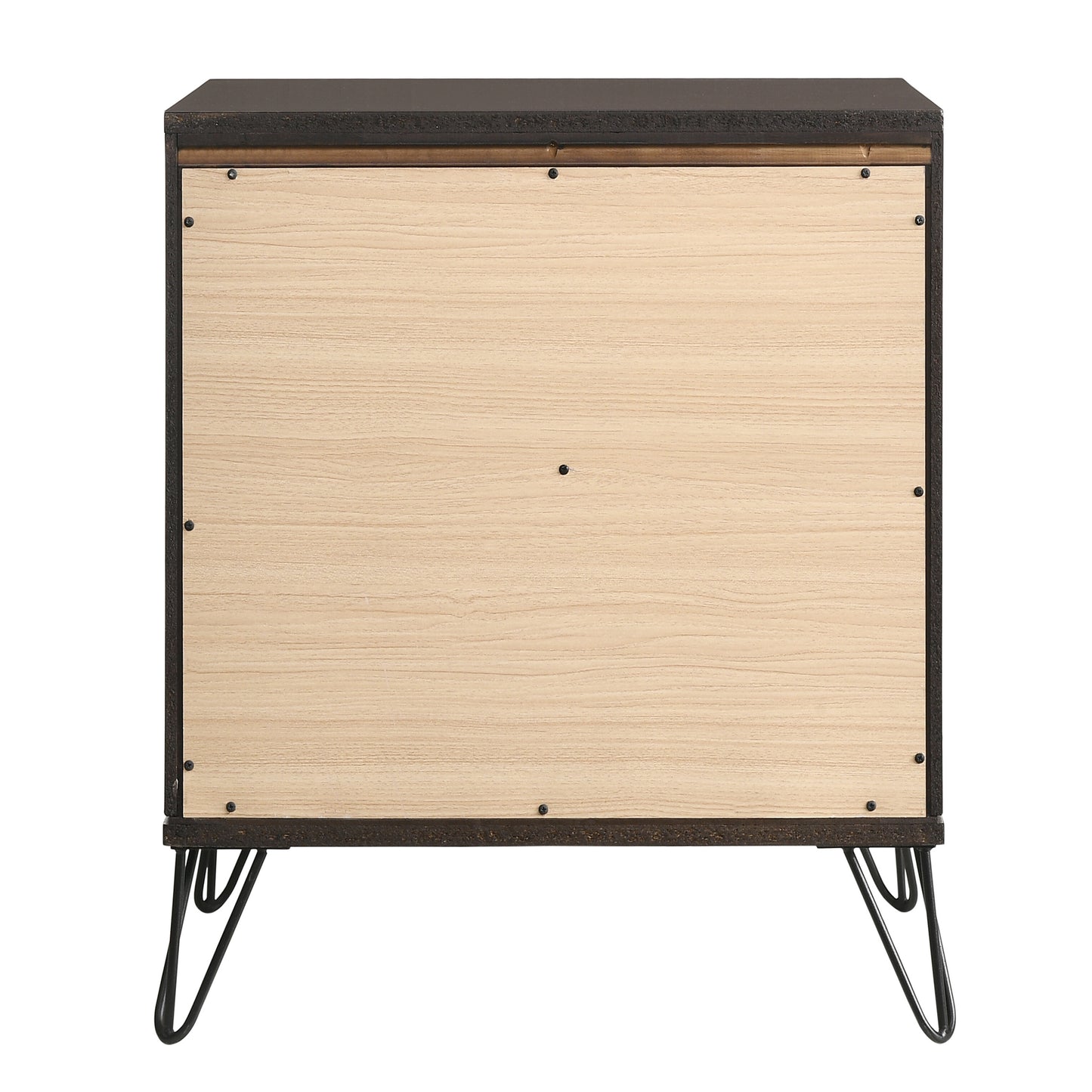 Dark brown particleboard dresser back with light wood paneling and hairpin legs