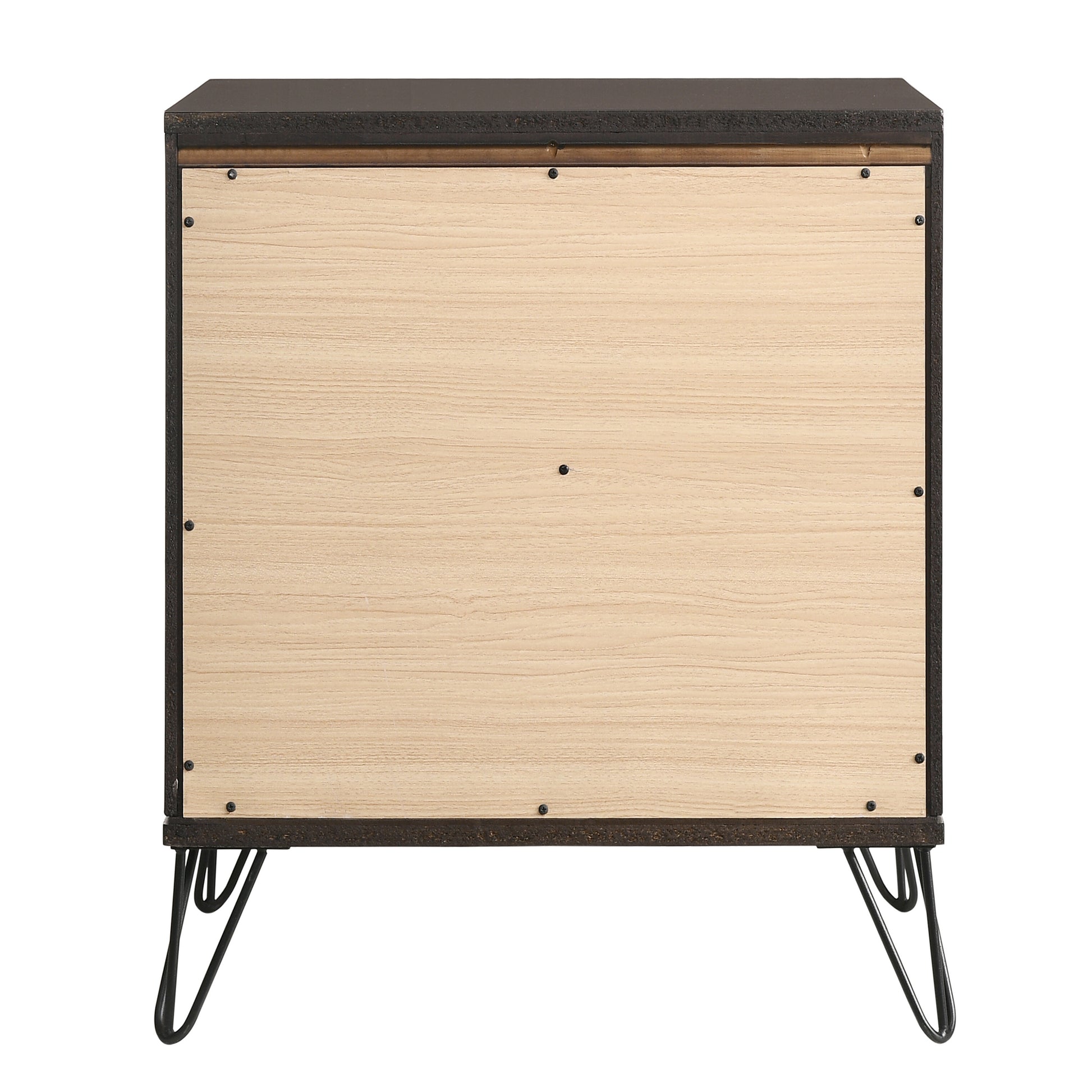 Dark brown particleboard dresser back with light wood paneling and hairpin legs