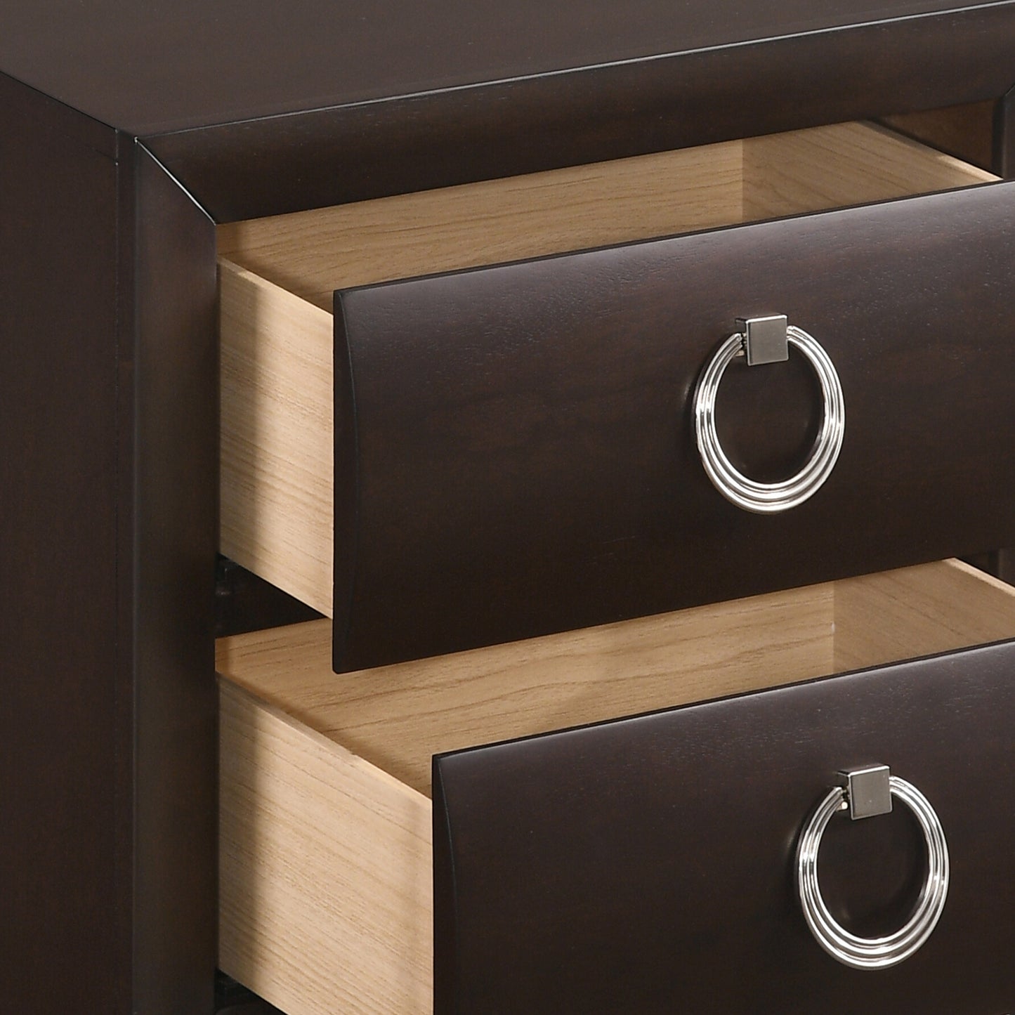 Dark wood nightstand with two open drawers and silver ring pulls