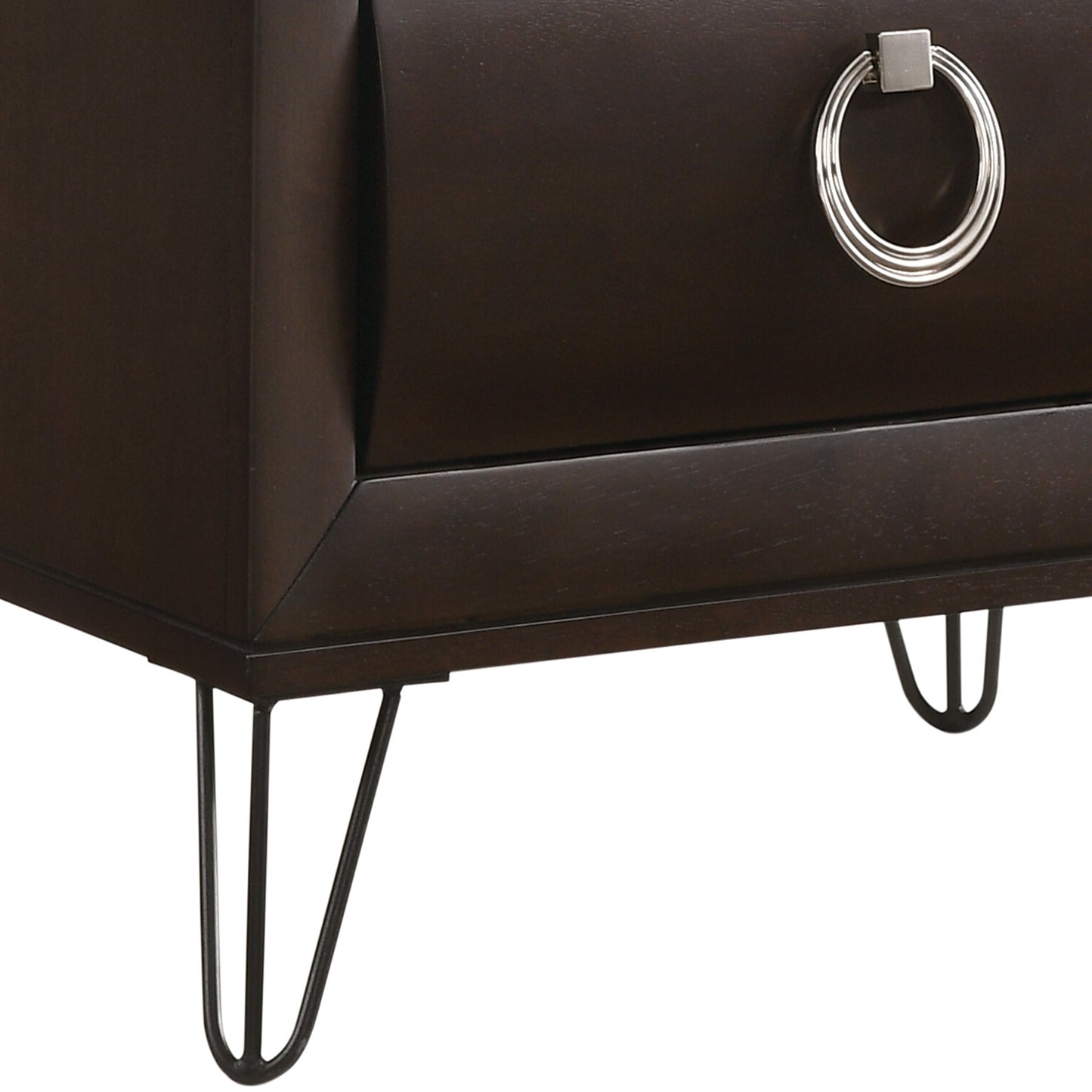 Dark brown wood dresser drawer with polished silver ring pull and hairpin legs