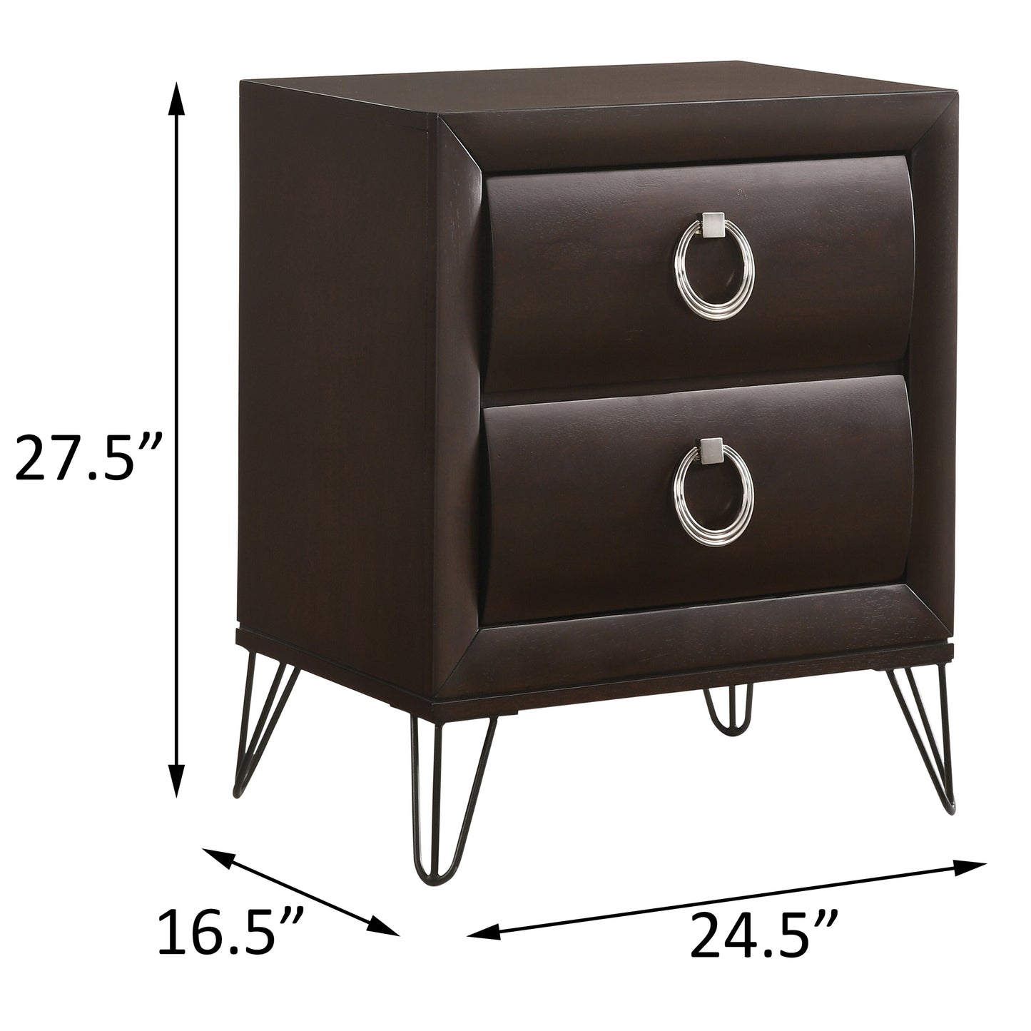 Dark brown twodrawer nightstand with modern silver ring pull hardware and hairpin legs