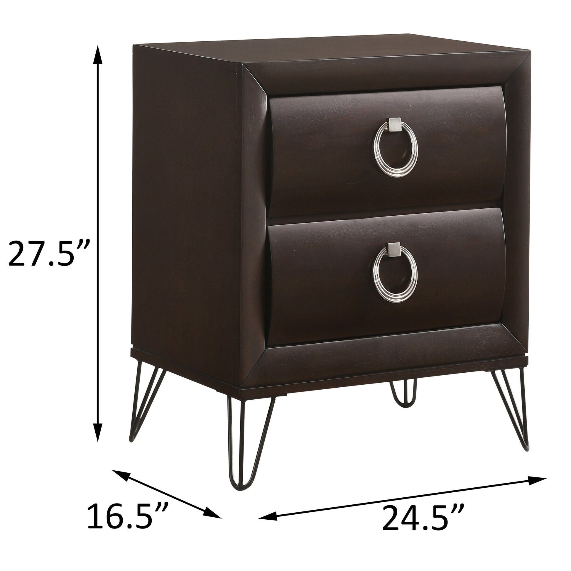 Dark brown twodrawer nightstand with modern silver ring pull hardware and hairpin legs