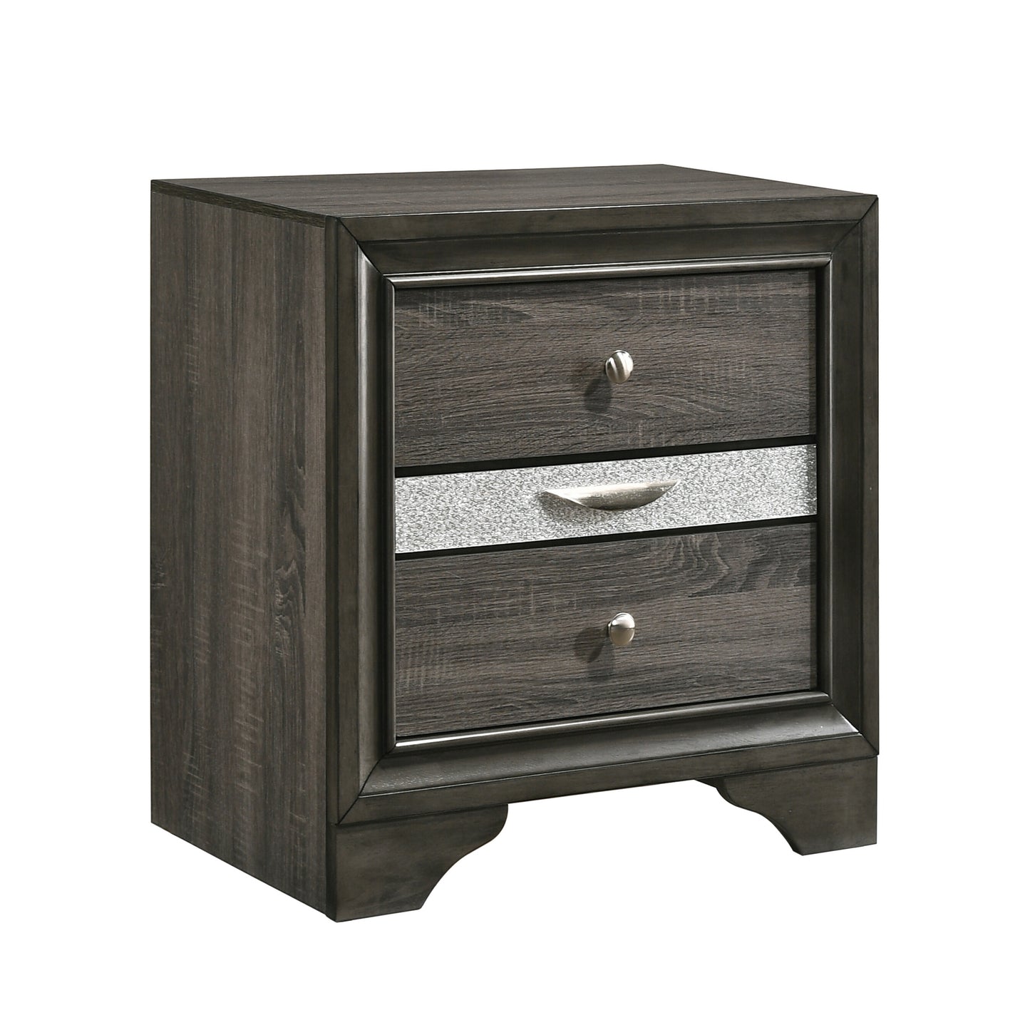 Dark gray wood grain nightstand with three drawers and silver hardware Perfect bedside storage