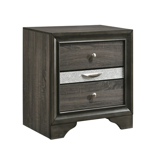 Dark gray wood grain nightstand with three drawers and silver hardware Perfect bedside storage
