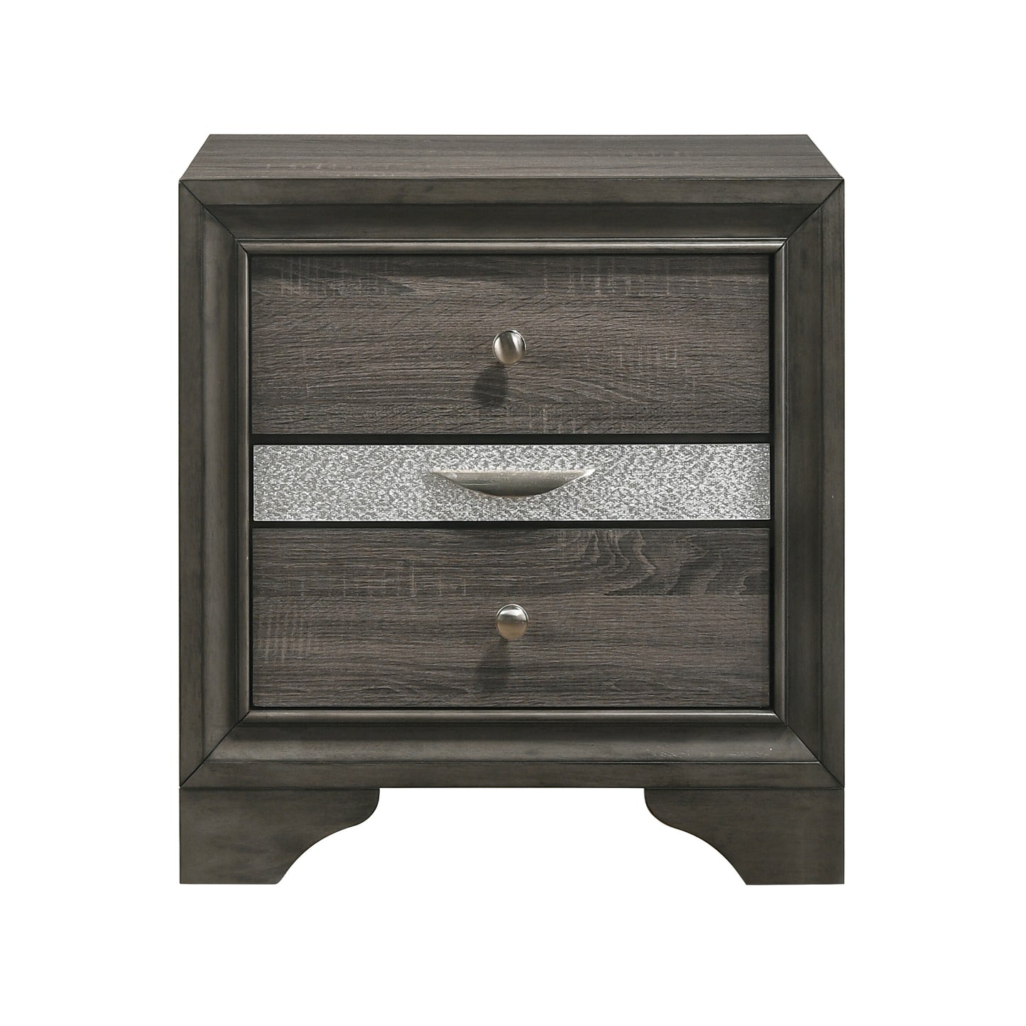Dark grey wood dresser with three drawers featuring silver hardware and a metallic inlay