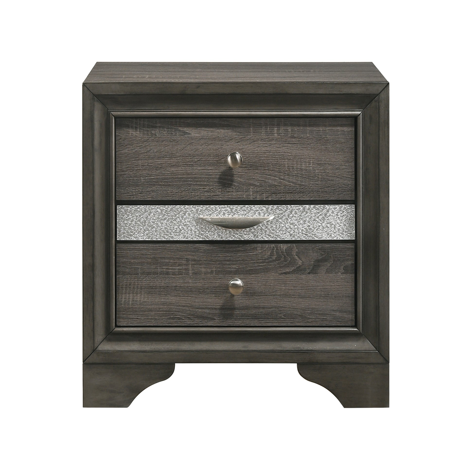 Dark grey wood dresser with three drawers featuring silver hardware and a metallic inlay
