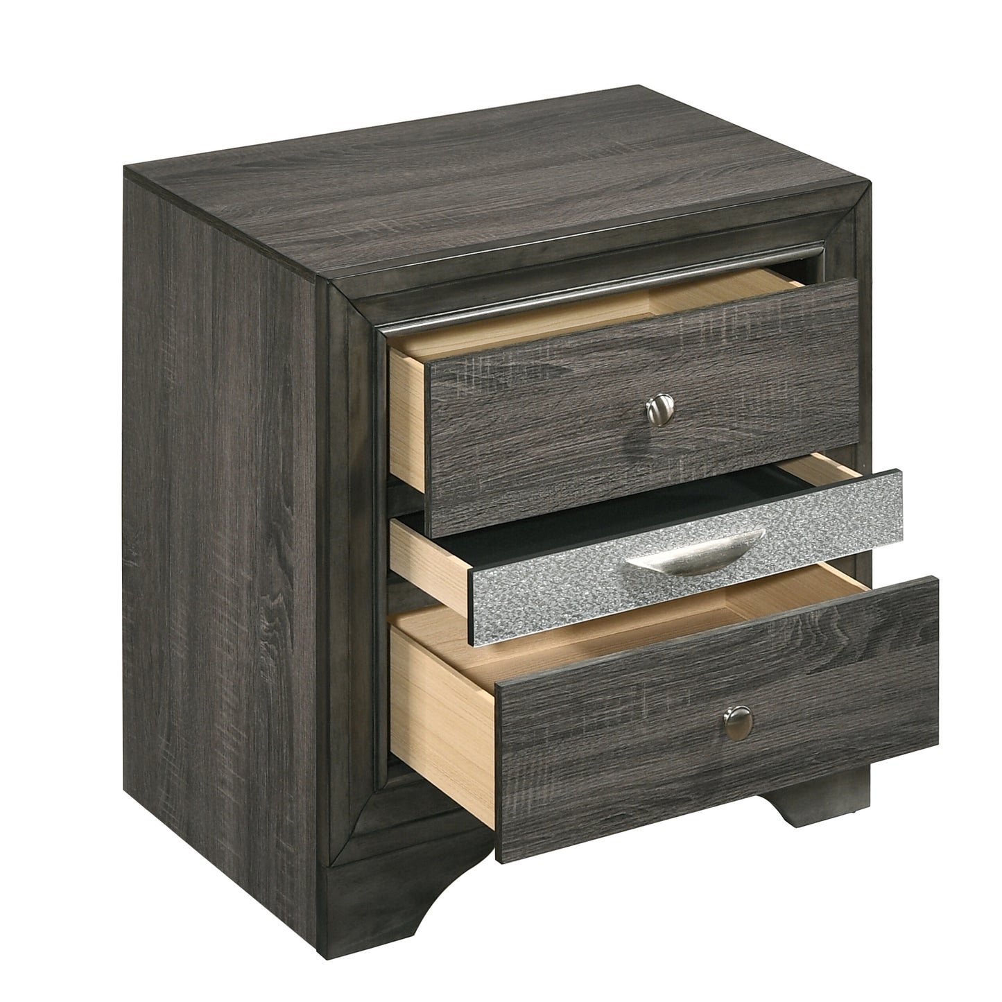 Dark gray wood nightstand with three drawers silver hardware