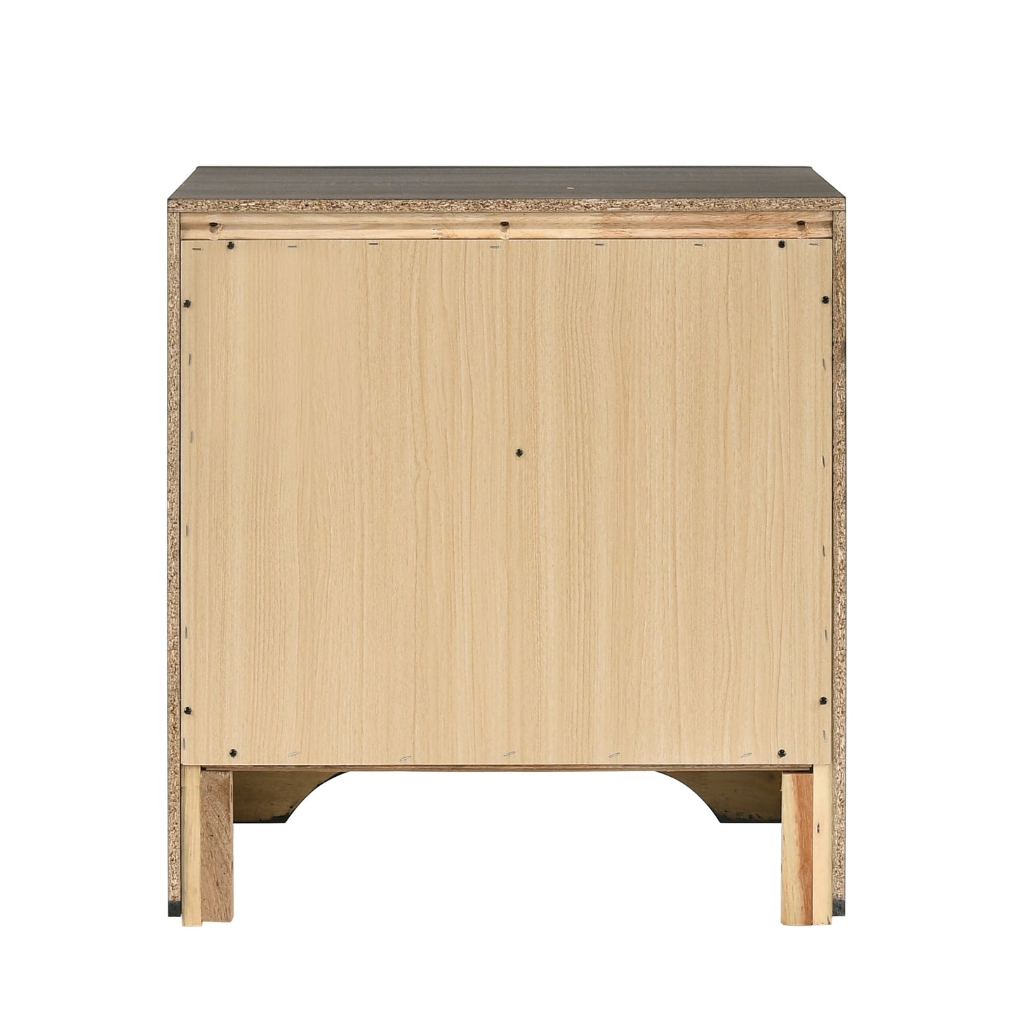 Rear view of a light wood particle board nightstand with dark gray top