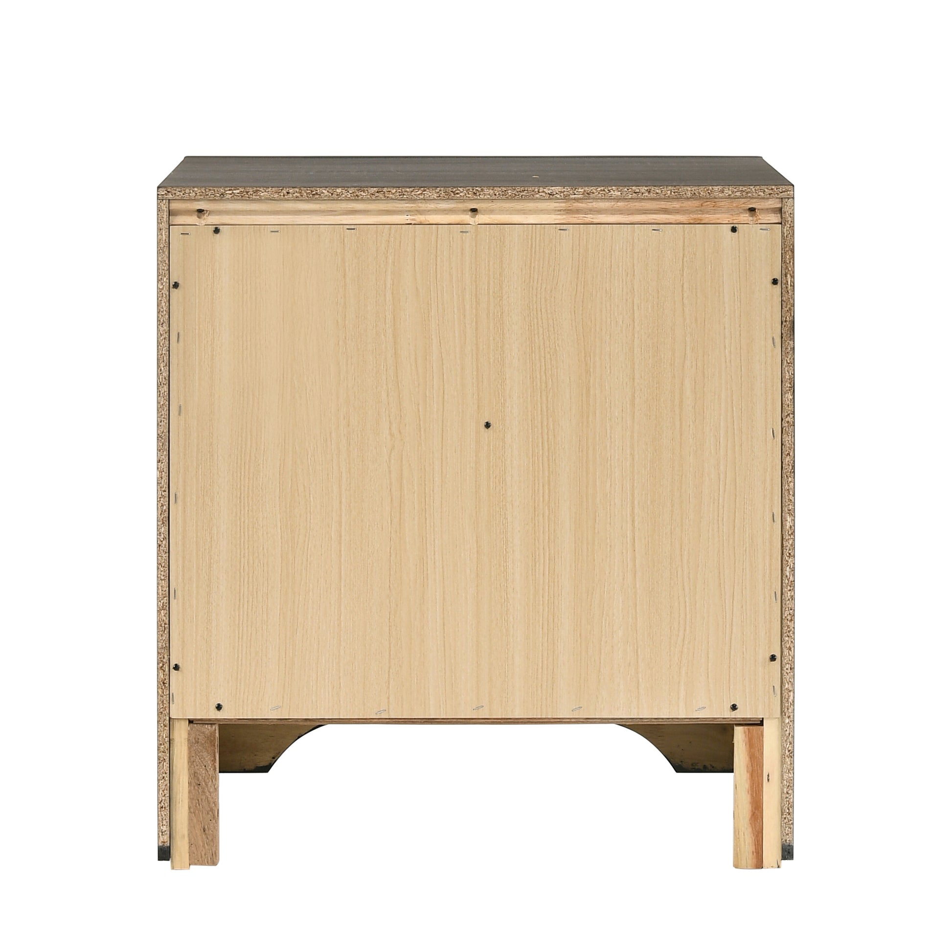 Rear view of a light wood particle board nightstand with dark gray top