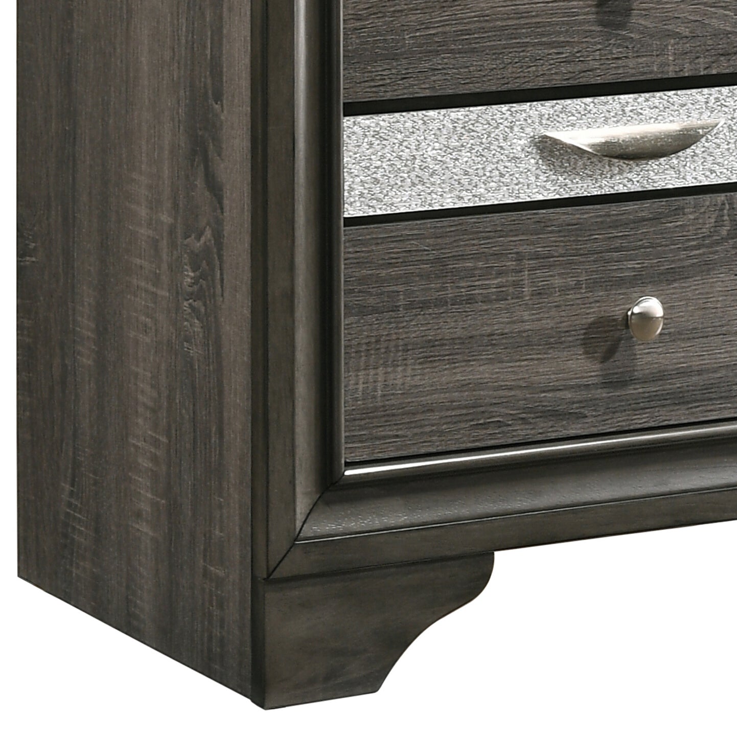Dark wood dresser with silver accent drawer and knob