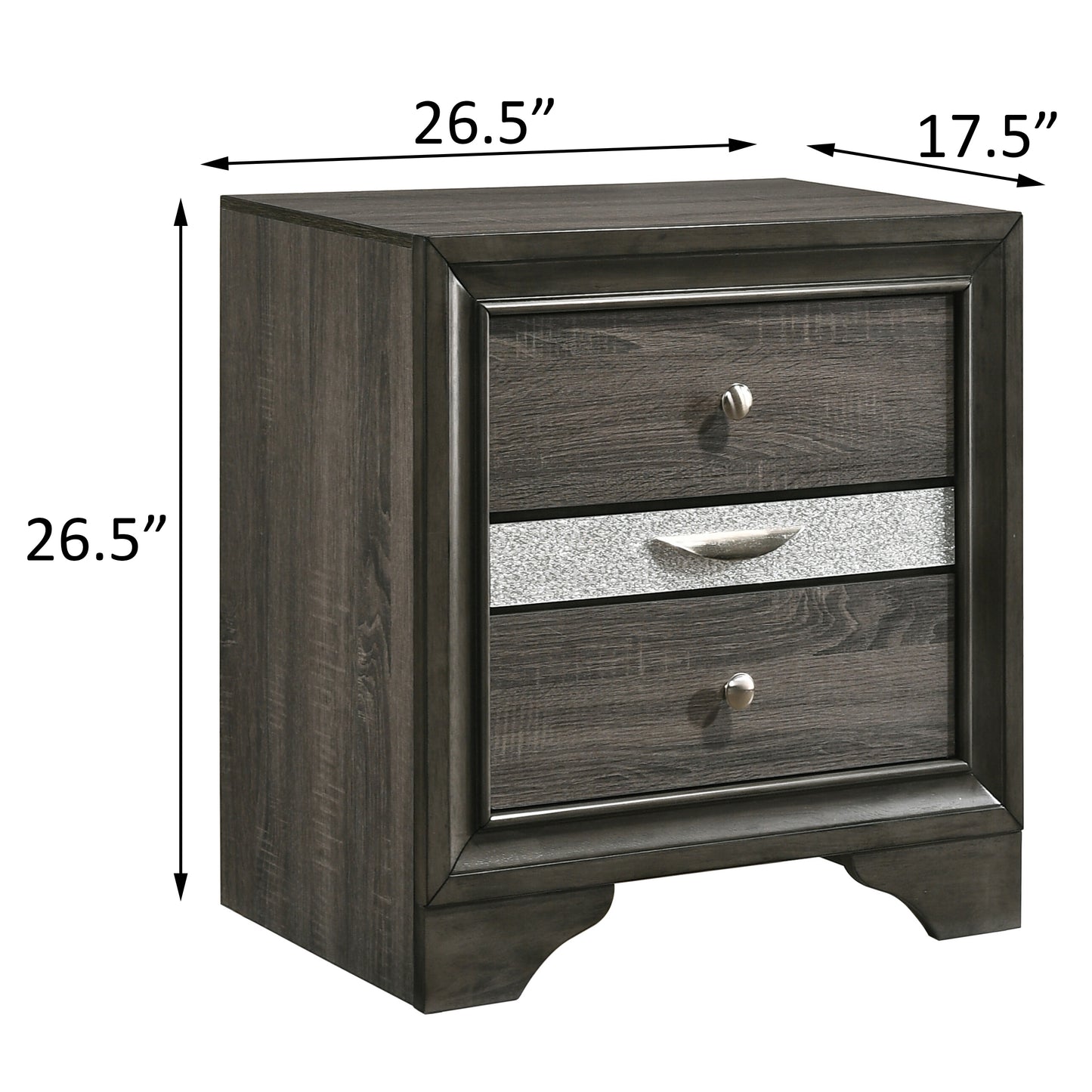 Dark grey wood nightstand with two drawers and silver accents
