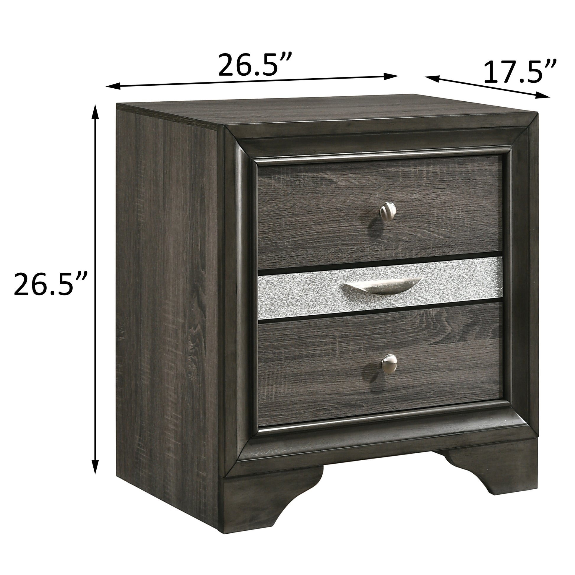 Dark grey wood nightstand with two drawers and silver accents