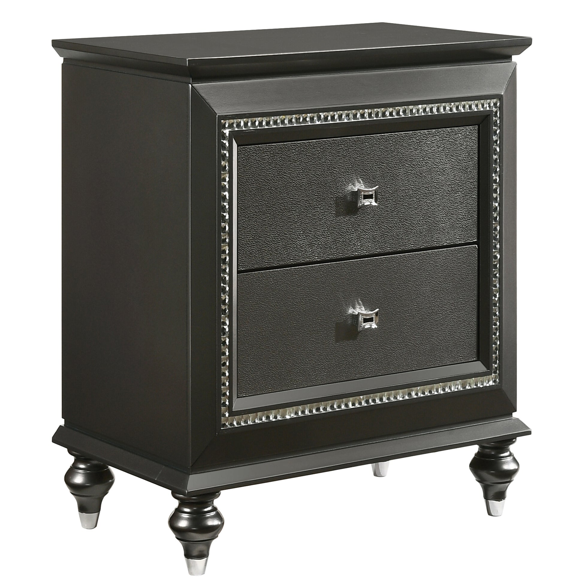 Dark grey nightstand with two textured drawers crystal accents and ornate legs