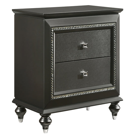 Dark grey nightstand with two textured drawers crystal accents and ornate legs