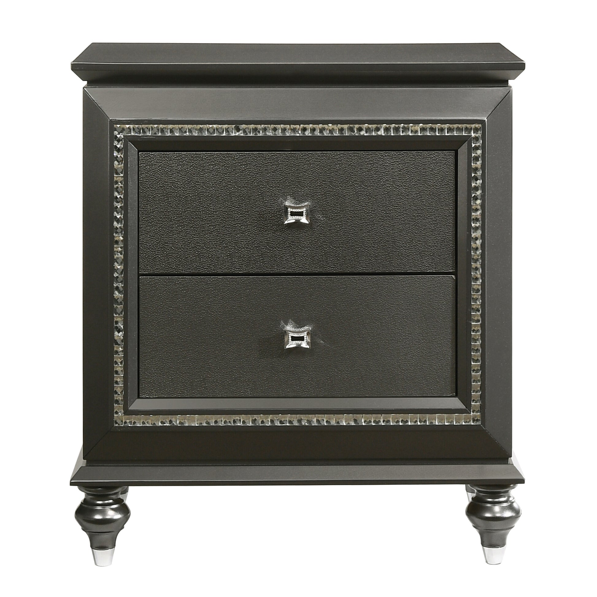 Glamorous dark gray nightstand with two textured drawers and crystalencrusted trim