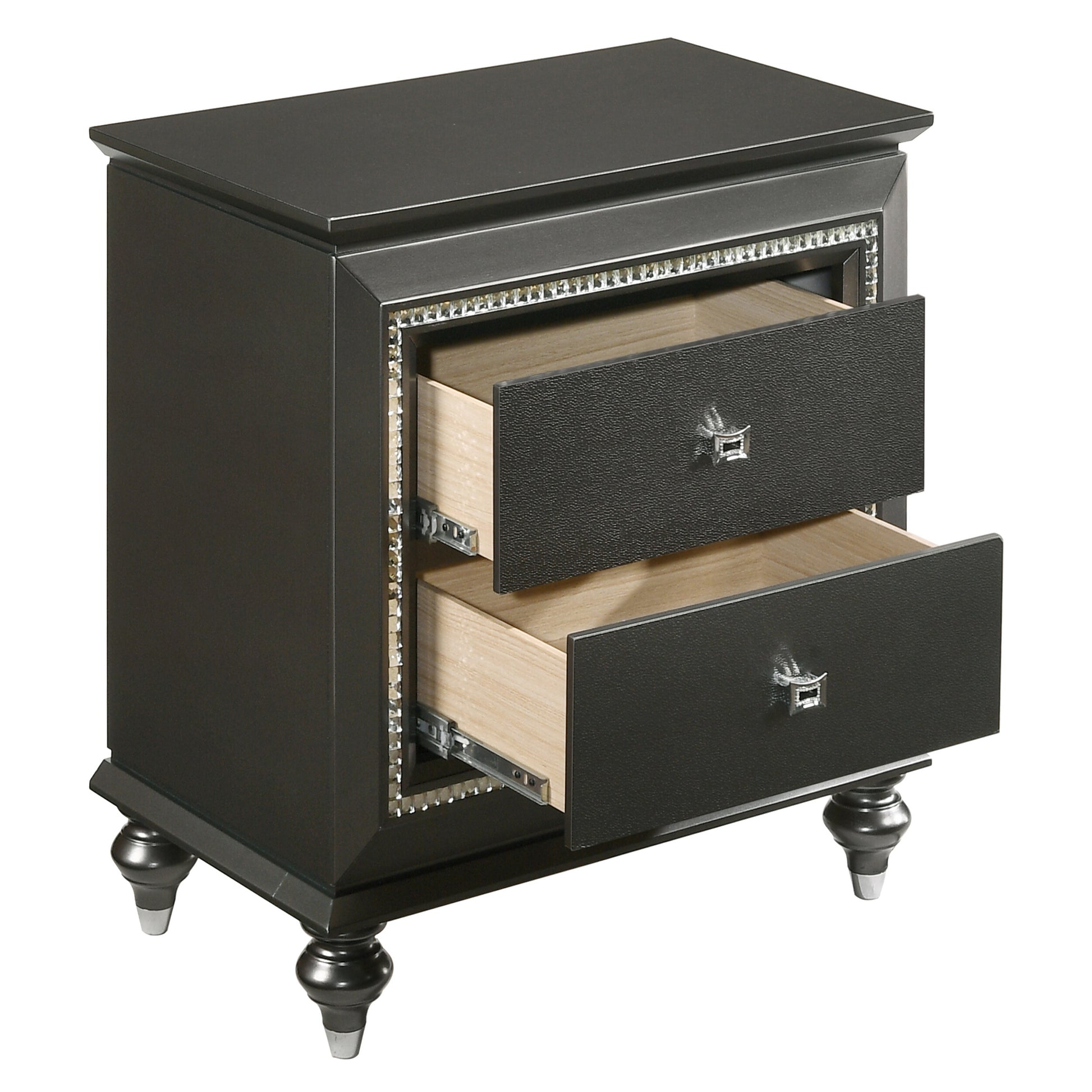 Glamorous dark grey nightstand with two drawers adorned with crystal trim and chrome pulls