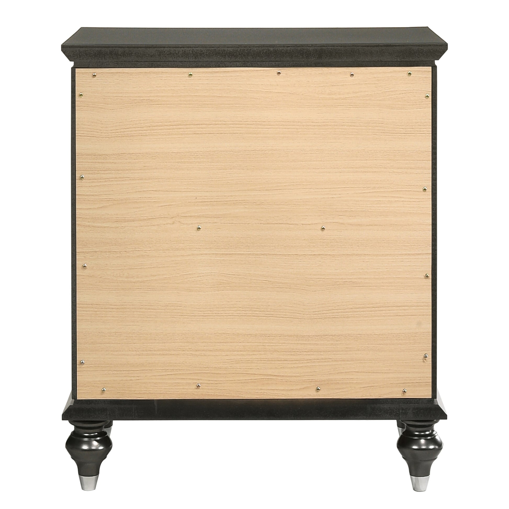 Back of black and wood grain nightstand with decorative legs