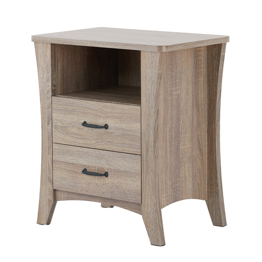 Light oak veneer nightstand with two drawers and open shelf