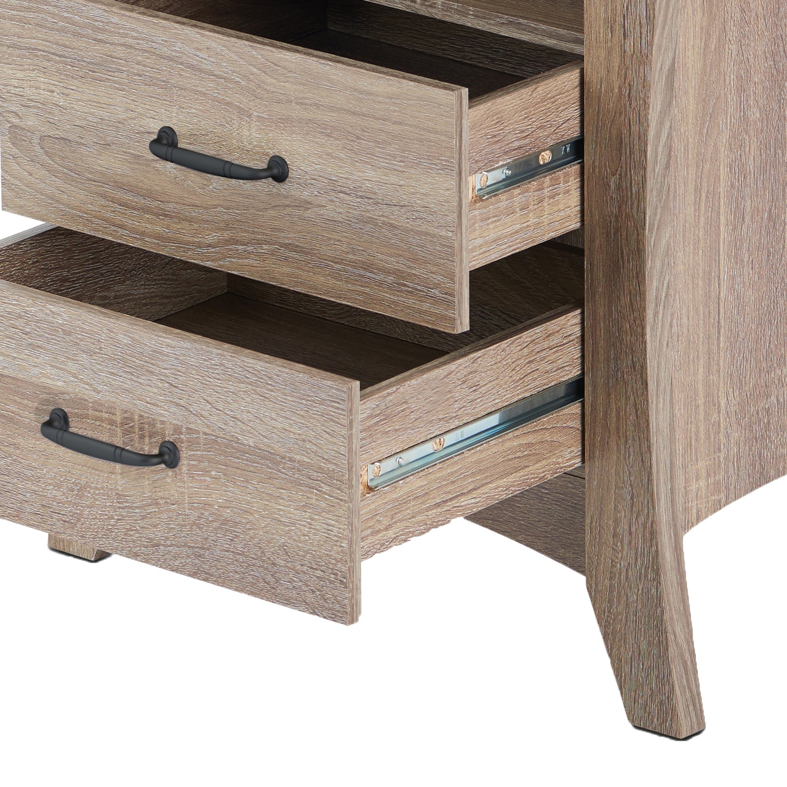 Rustic oak dresser with two open drawers featuring black metal handles and smooth drawer glides