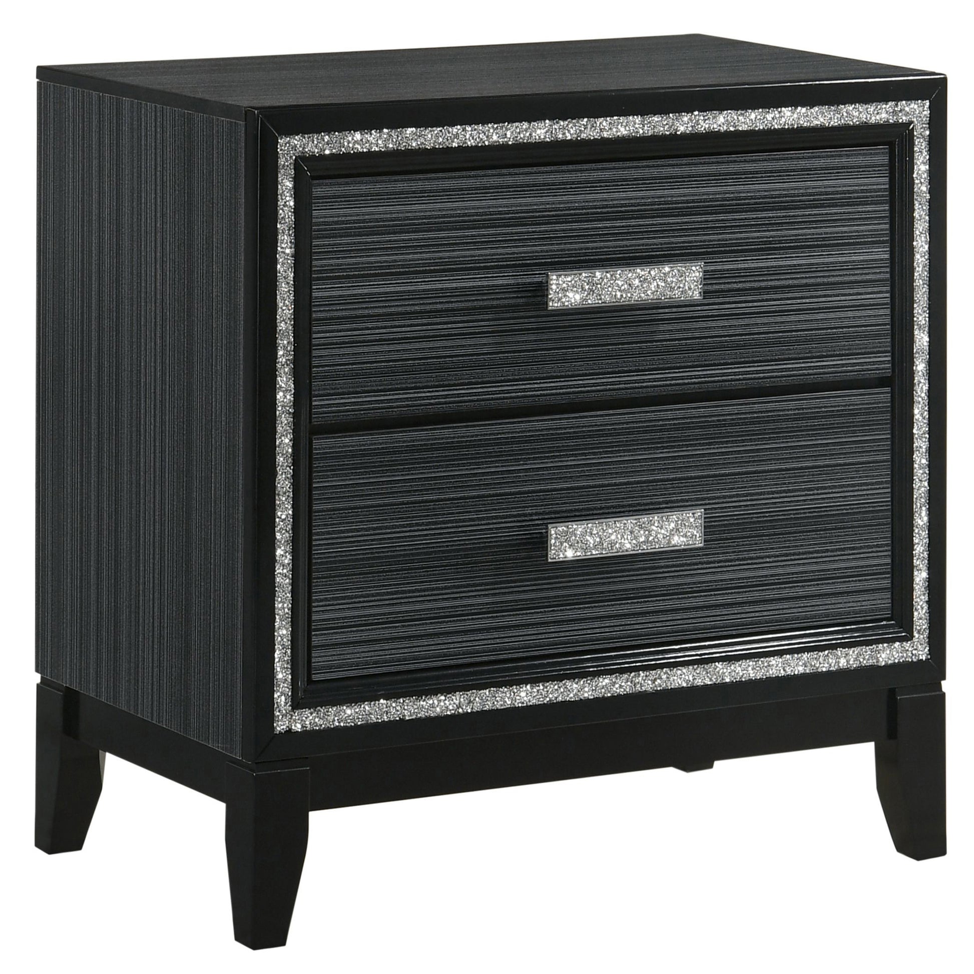 Black bedside table with textured drawer fronts and crystal trim