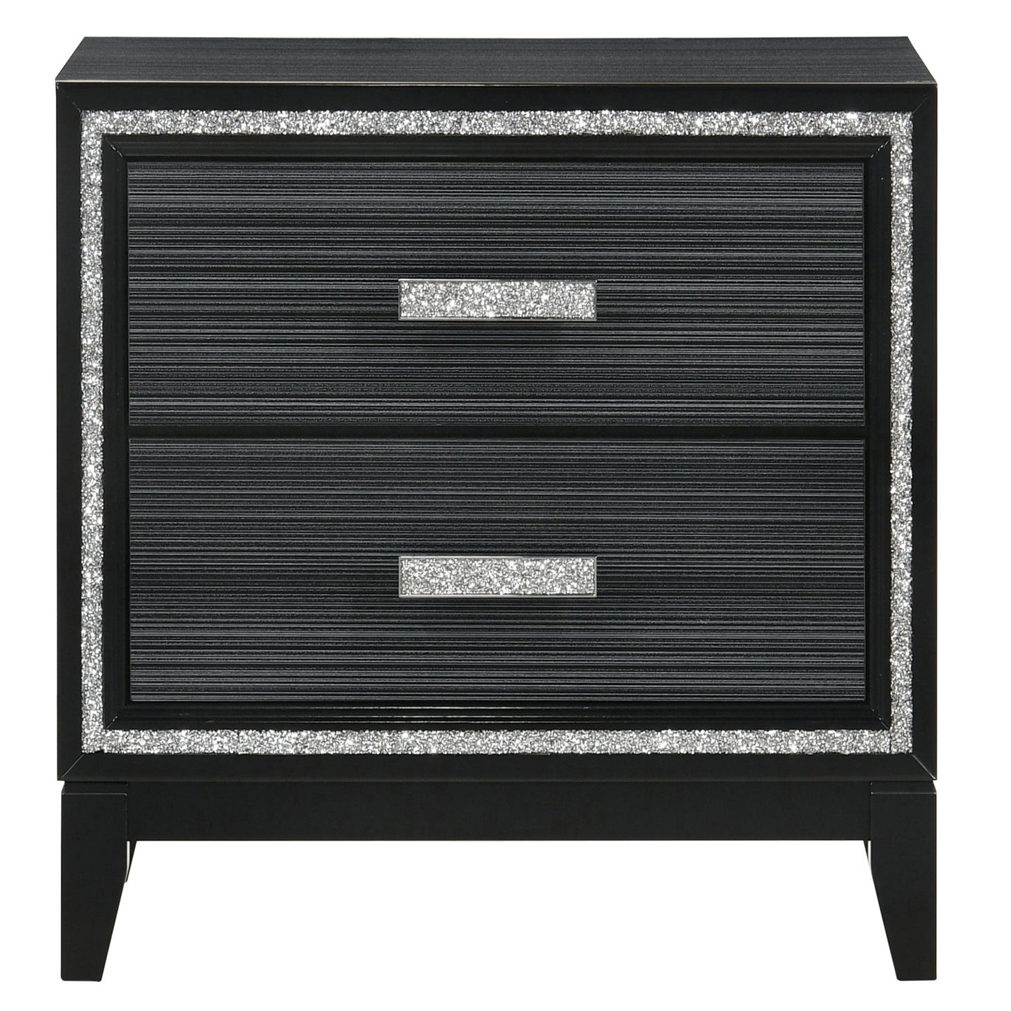 Sleek black nightstand with two drawers featuring a crystalembellished trim and horizontal drawer fronts