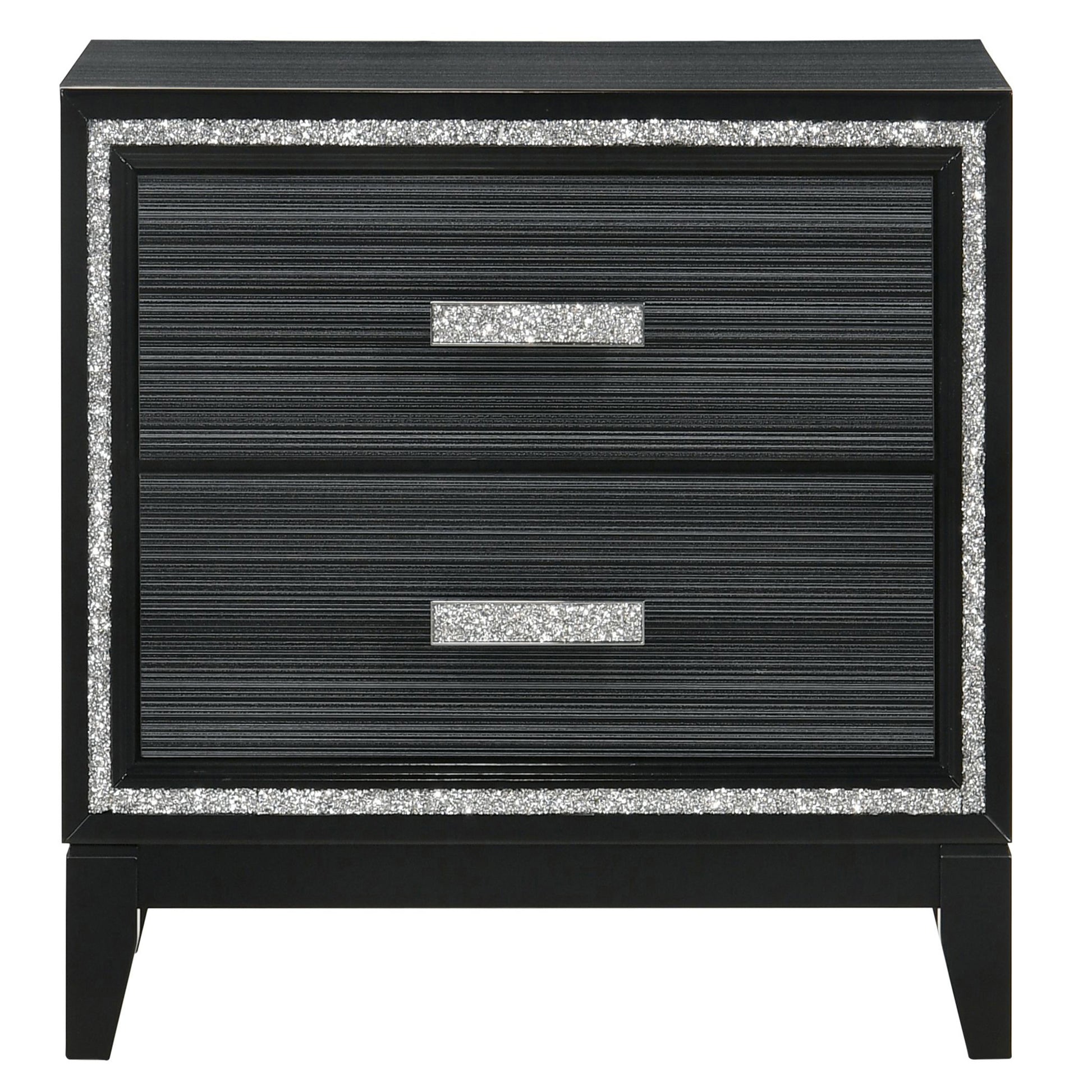Sleek black nightstand with two drawers featuring a crystalembellished trim and horizontal drawer fronts