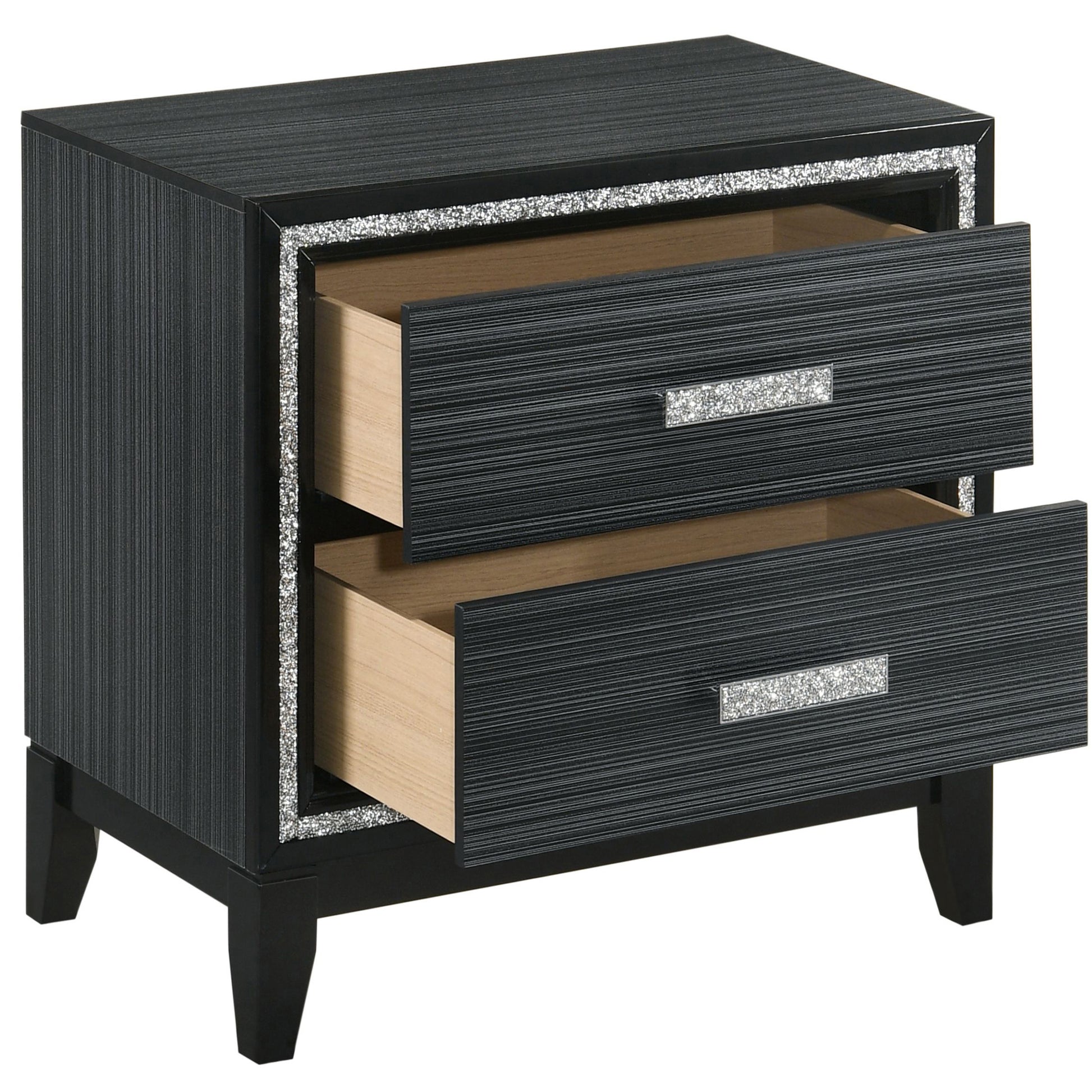 Black mirrored nightstand with two drawers and crystalinlaid handles