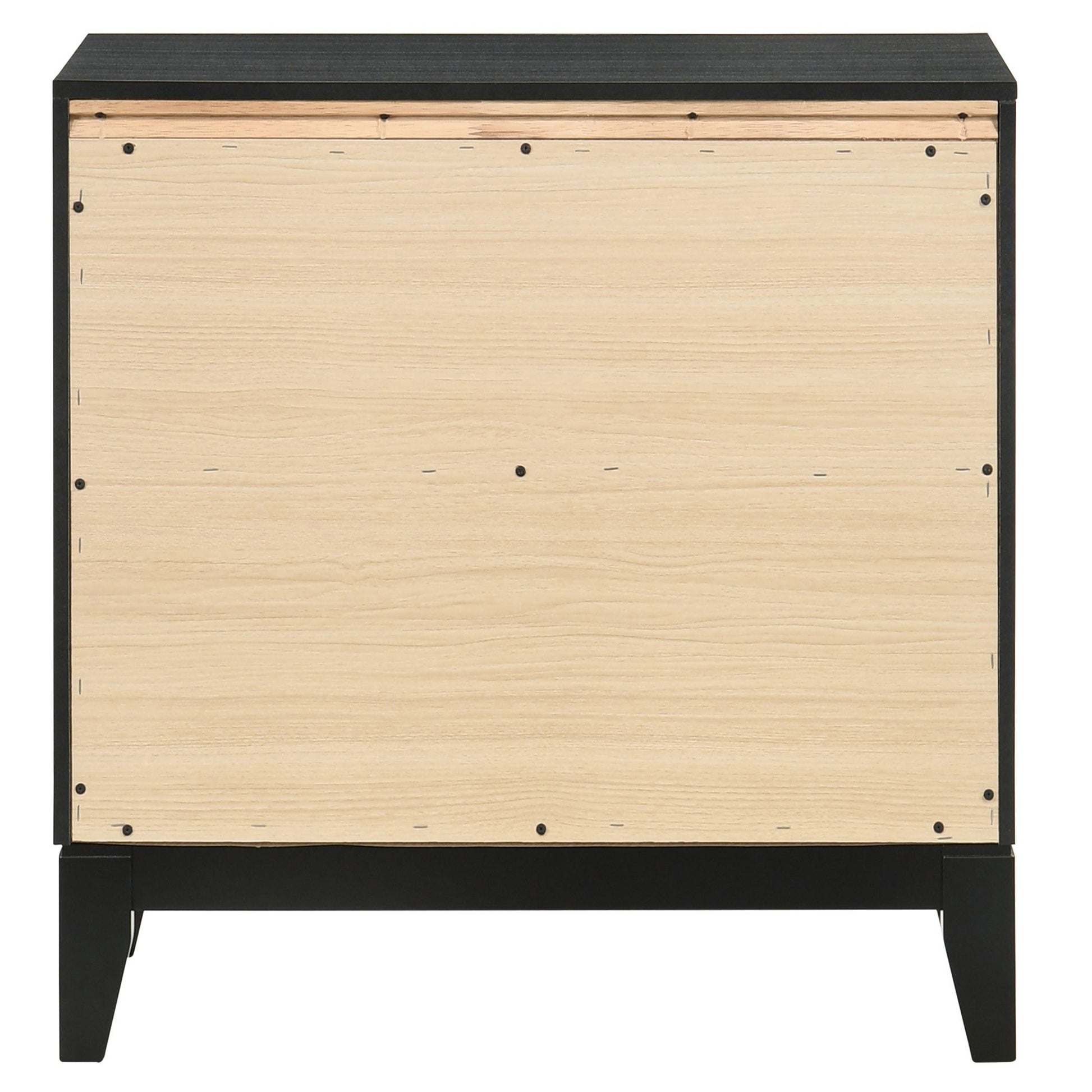 Black wood veneer cabinet back with exposed plywood interior and black metal legs